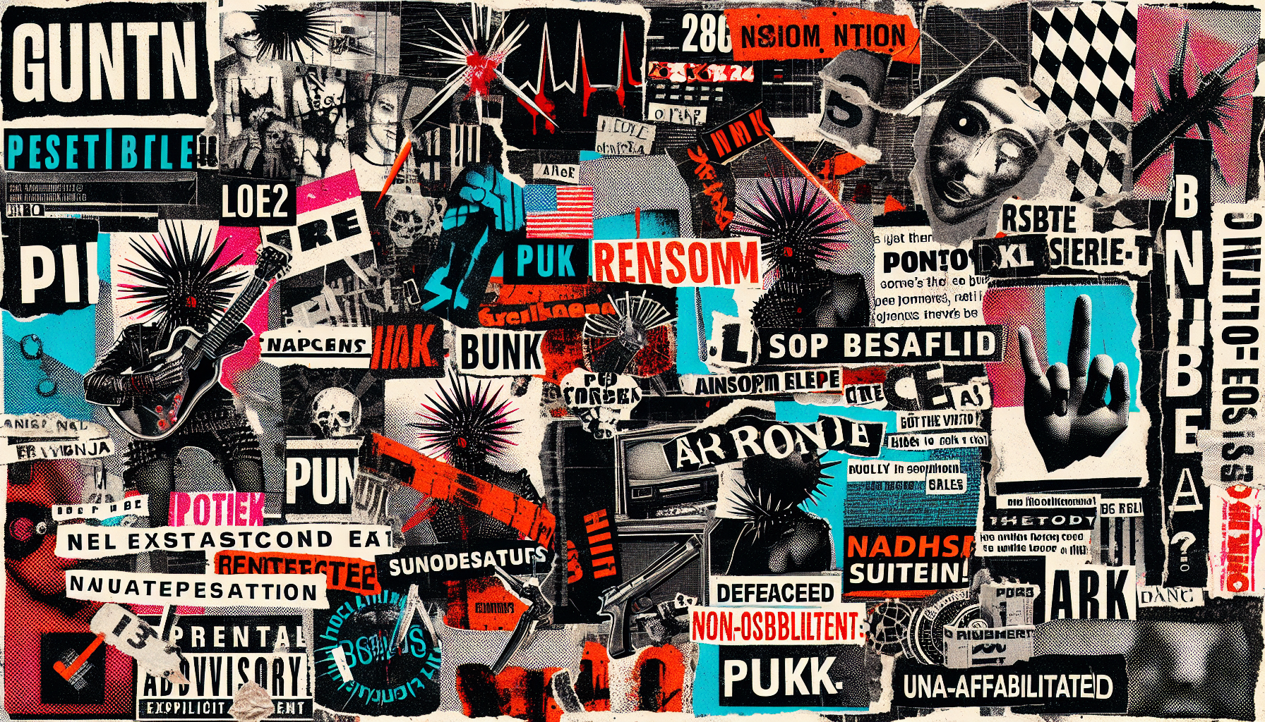  PUNK COLLAGE & SUBVERSIVE POP – JAMIE REID
Cut-and-paste aesthetic with torn paper, ransom-note typography, bold and chaotic compositions, heavy use of photocopied imagery and text, rebellious and anti-establishment themes, integration of bright, clashing colors, provocative political messages, defaced pop culture icons, gritty textures, and a raw, DIY punk ethos that challenges traditional design norms.