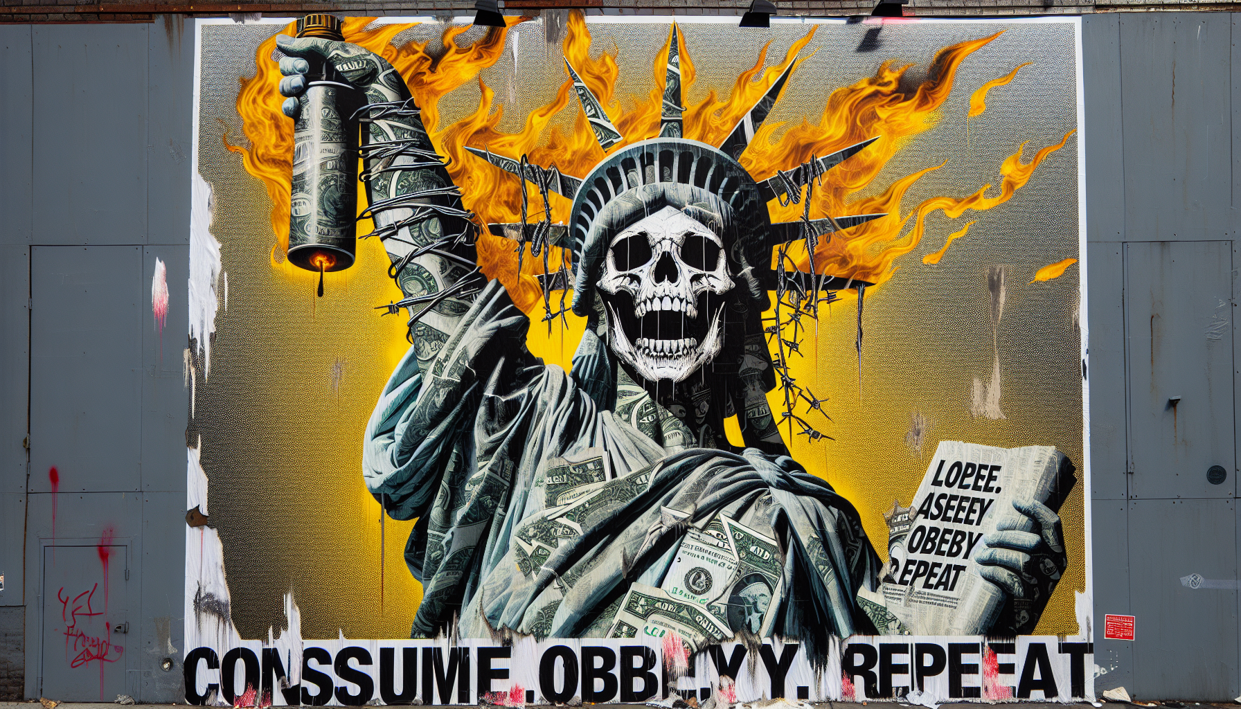 A torn and tattered billboard in Jamie Reid’s provocative style, depicting the iconic Statue of Liberty, but her face is replaced with a stark, screaming skull wrapped in a chain of barbed wire. Her torch is a flickering Molotov cocktail, with flames spelling out the word “FREEDOM?” in dripping, fiery letters. The background is a chaotic collage of shredded dollar bills, crumpled fast-food wrappers, and glitchy corporate logos, all drenched in acid yellow and grime-streaked gray. Bold, ransom-note lettering scrawled across the image reads: "CONSUME. OBEY. REPEAT." Red spray-paint drips over the words, partially obscuring them, like a rebellious afterthought. The entire piece feels gritty, urgent, and unapologetically critical, demanding you wake up and question the system.