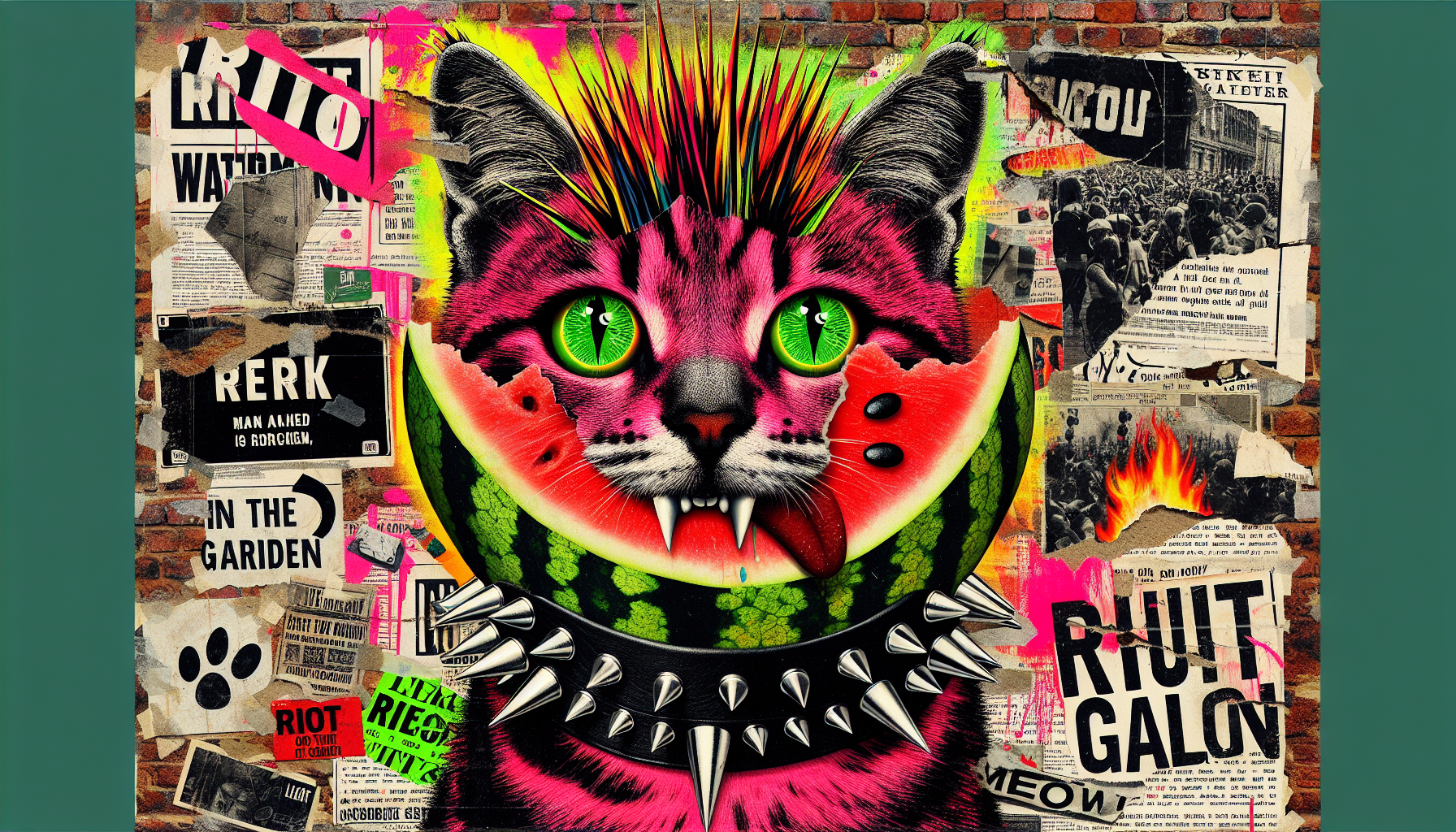 In the style of Jamie Reid, a gritty, anarchic "cat-fruit hybrid" collage. The central figure is a scruffy, punk rock tabby cat with a spiked leather collar, but its body morphs into a vivid, torn-up watermelon, with jagged chunks missing to reveal pulpy red flesh and black seeds spilling out like rebel confetti. Its eyes are mismatched—one is a green lime wedge, and the other is a glowing neon sign that says "MEOW." The background is a chaotic mishmash of ripped newspaper clippings, protest posters, and spray-painted graffiti slogans like "RIOT IN THE GARDEN" and "FRUIT WITH CLAWS." A cracked brick wall runs diagonally through the scene, with splashes of hot pink, electric green, and acidic yellow paint, making the whole piece feel loud, messy, and perfectly rebellious.