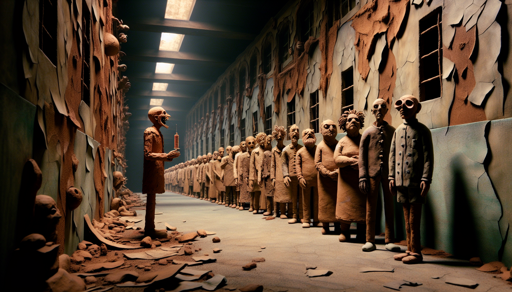 An endless, winding line of miniature claymation patients, each one grotesque and twisted in its own way, standing motionless in a decaying hallway of a nightmarish insane asylum. The walls around them are crumbling, covered in a thick layer of dark, textured clay that resembles decaying skin. The patients’ bodies are warped—elongated limbs, misshapen faces, eyes hollow and unblinking, their bodies moving ever so slightly, as if caught in a twisted stop-motion animation. They are small, yet their presence is suffocating, the queue stretching impossibly far, disappearing into the dim, murky distance. At the front of the line stands a monstrous, shadowy figure: the evil doctor. His figure is crafted from dark, smooth clay, with a twisted, expressionless face, a jagged smile that stretches unnaturally, and sharp, unsettling features. He holds a syringe in one hand, its needle impossibly long, reflecting the grim, distorted lighting. The scene is drenched in muted, earthy tones—dark browns, sickly yellows, and dull greens—creating a grim, oppressive atmosphere. The lighting casts long, angular shadows, distorting the forms of the patients, adding to the sense of unease. The entire scene feels like a psychological trap, as if the patients are caught in a never-ending loop of waiting, unable to escape their fate. The movement is slow and deliberate, as if time itself is distorted, enhancing the surreal, stop-motion horror.
DARK CLAYMATION SURREALISM: Handcrafted, eerie clay textures, grotesque figures, distorted anatomy, unsettling organic movements, muted earthy tones, decaying industrial backdrops, grim lighting, shadow play, surreal stop-motion atmosphere, psychological unease, raw, tactile details.
