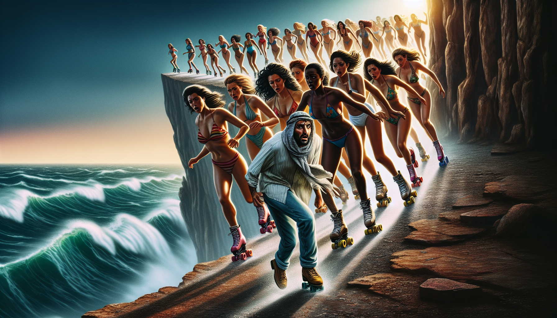 **"A single man stands at the edge of a towering cliff, his back to the wild, churning ocean below. He’s breathless, panic etched across his face, as he gazes forward, knowing there's nowhere left to run. His clothes are tattered, shoes half-formed from frantic footsteps, and his body is hunched in terror.

Behind him, a massive swarm of women in bikinis, gliding effortlessly on roller skates, speed toward him in perfect sync. Their faces are focused, determined, almost predatory. The sun bounces off their gleaming skates, the bright colors of their bikinis contrasting sharply against the dull, rocky landscape. They’re too close now—there’s no escape, and the man’s doom is imminent.

The moment is still, frozen in time, capturing the tension before it all unravels—the impending collision of beauty, movement, and inevitable fate."**