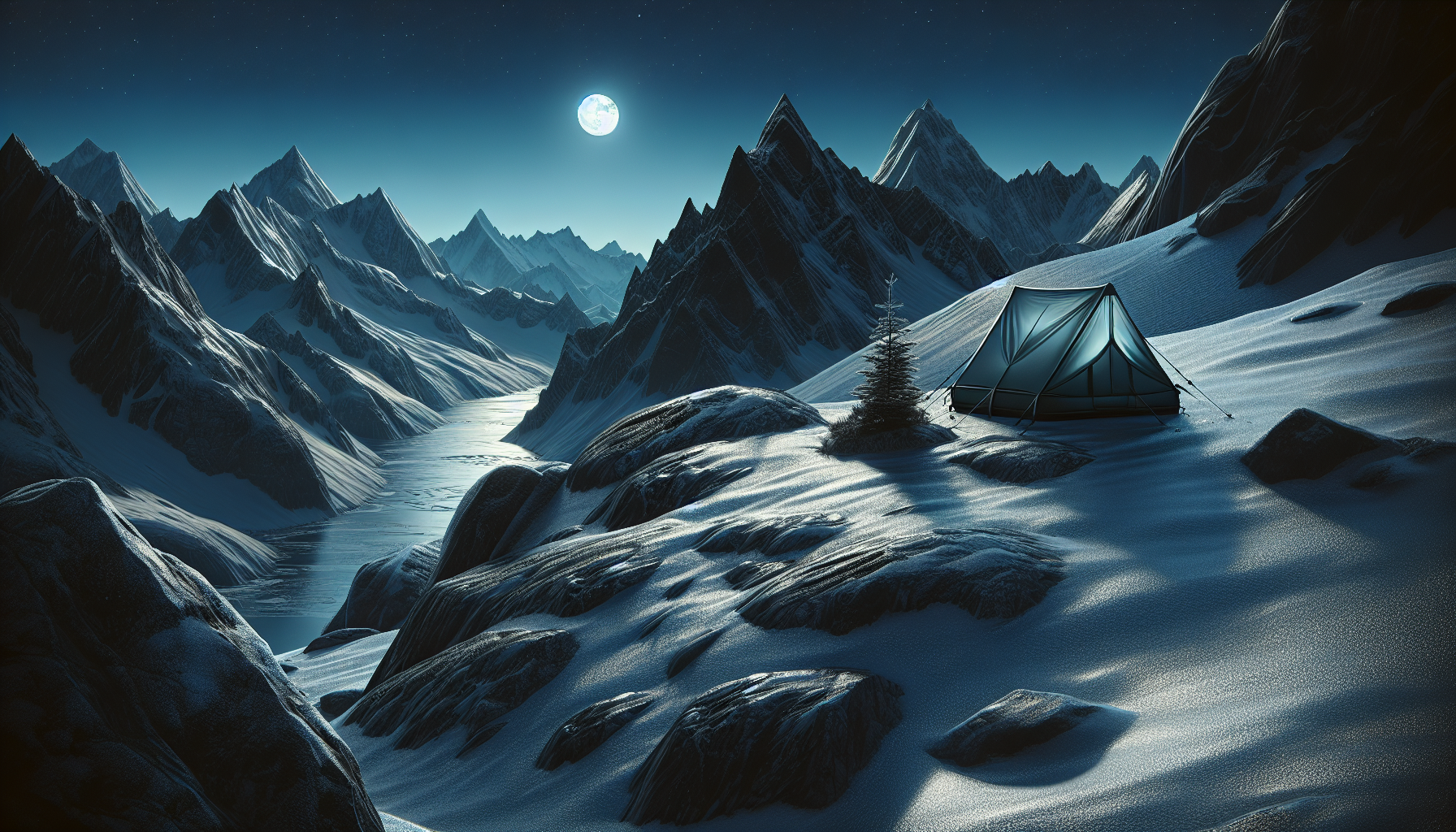 Minimalist digital illustration of winter backcountry campsite, alpine ridge with snow-covered rocky peaks, small lightweight backpacking tent perched on exposed ledge, deep blue and silver tones, moonlight reflecting on snow, ultra-detailed textures, lone evergreen silhouette in distance, crisp and dramatic landscape composition