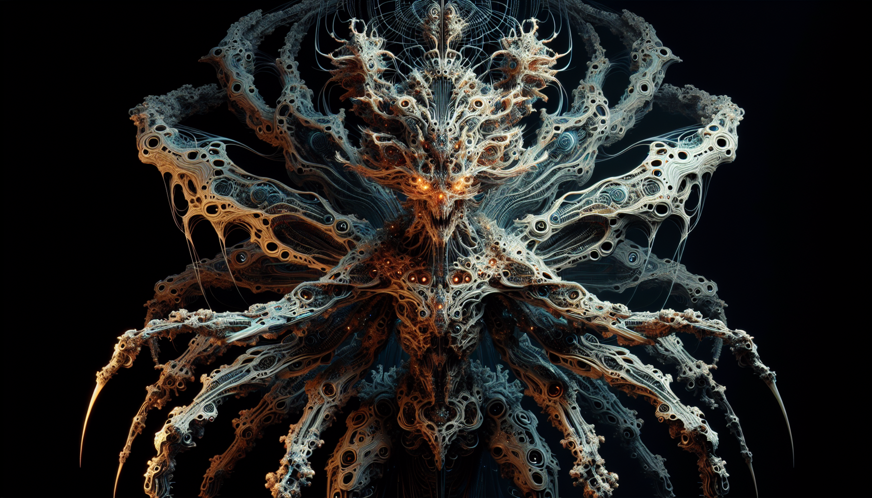 Biomechanical horror creature, impossible anatomy blending organic and mechanical elements, bioluminescent exoskeleton with fractal patterns, multiple asymmetrical limbs emerging from unexpected angles, H.R. Giger meets cyberpunk aesthetic, hyper-detailed texture revealing intricate neural networks and metallic bone structures, deep shadow rendering, 8K resolution
