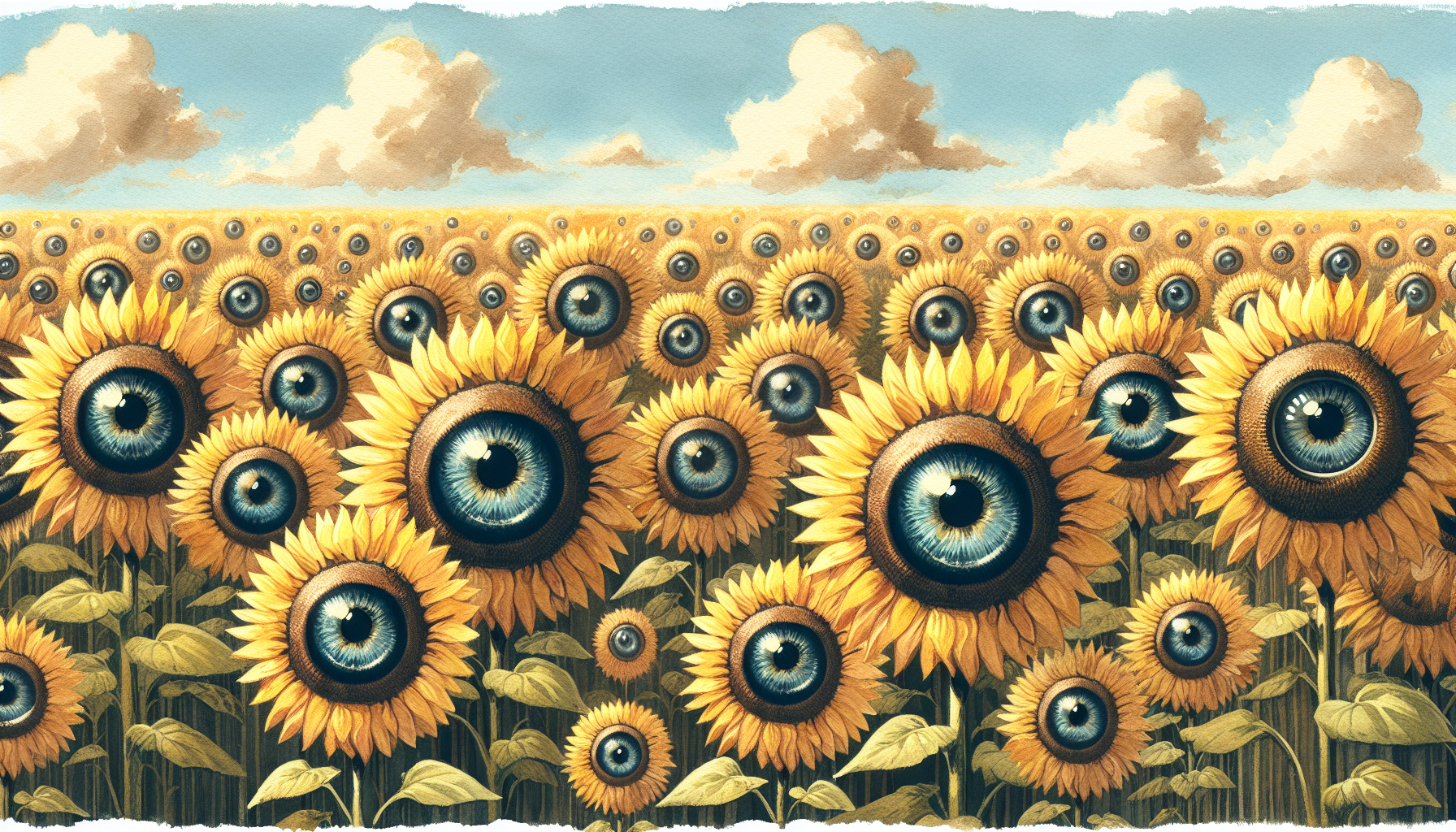 Watercolor art, A vast field of sunflowers, each flower with bright yellow petals and a dark center resembling a human eye. The sunflowers are arranged in such a way that from a distance, the field appears to be filled with eyes looking in different directions. The sky is light blue with some fluffy white clouds, and the sunlight illuminates the sunflowers, creating a warm and welcoming atmosphere.