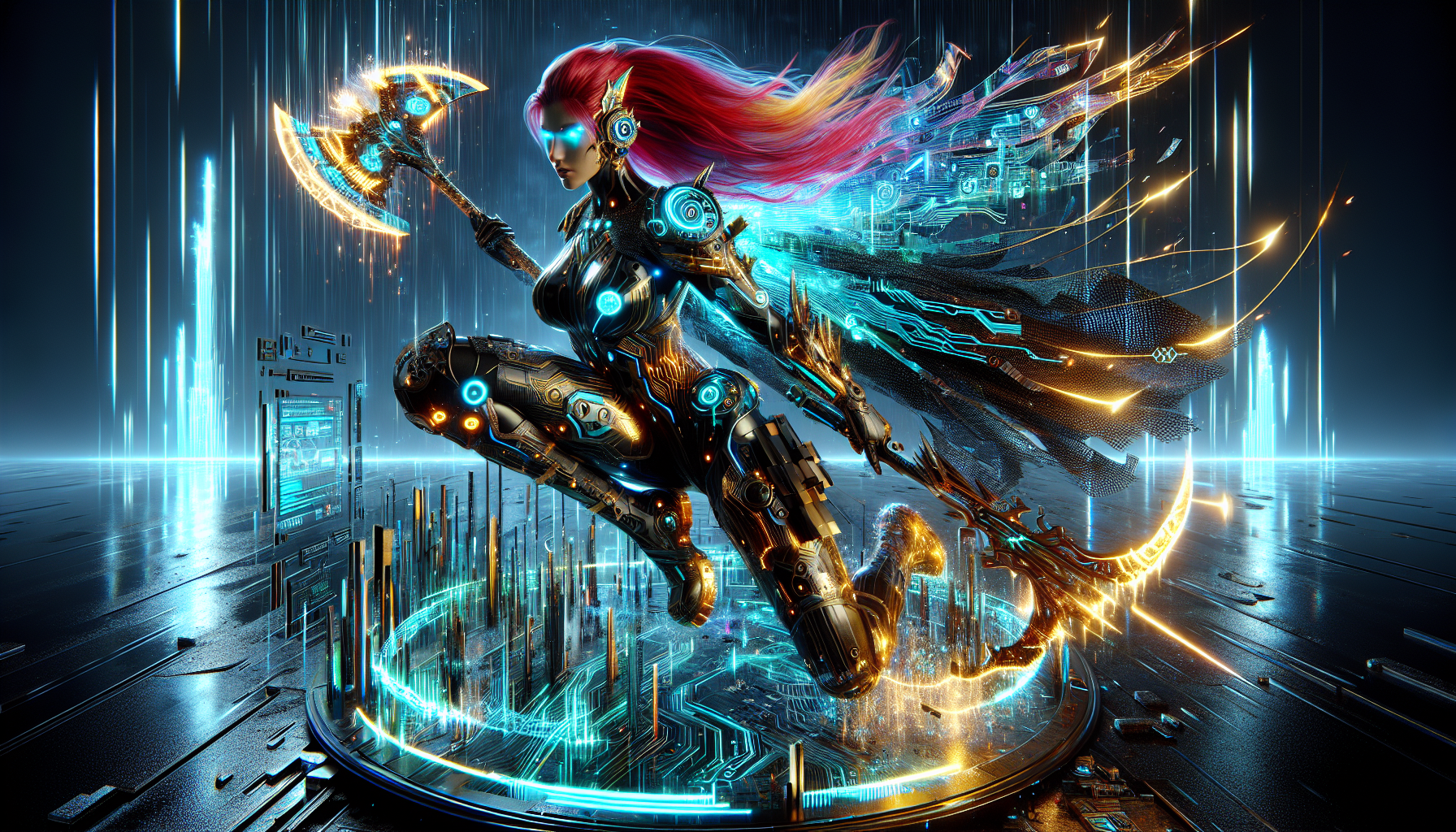 "Marvel's Angela reimagined as a neon-noir cyber-valkyrie, ultra-detailed 3D render. Sleek black-and-gold armor with glowing circuit patterns, fractured holographic cape dissolving into pixels. Fiery red hair streaked with electric blue, pupil-less eyes radiating bioluminescent white light. Gripping plasma-edged Blades of Ichor (neon axes crackling with digital static), data-stream ribbons orbiting her limbs. Standing atop a floating cyber-Asgard cityscape: holographic runes, neon-lit obsidian spires, and rogue AI drones exploding in the background. Dynamic pose: mid-air spin, armor reflecting holographic glitches, rain-soaked metallic ground. Style: cyberpunk meets Norse mythology, hyper-realistic Unreal Engine 5, chromatic aberration, volumetric neon fog."
