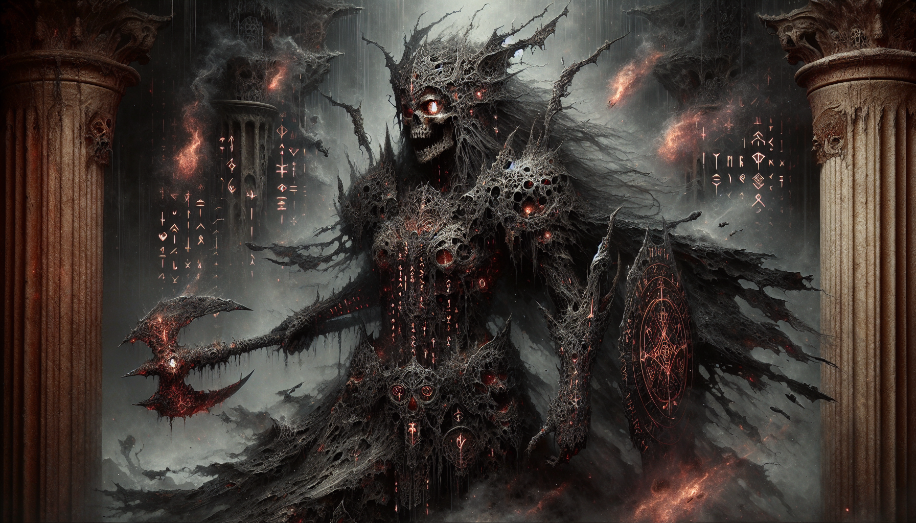 "Marvel's Angela, hyper-detailed dark fantasy, corrupted Valkyrie with obsidian bone-armor, glowing crimson runes, molten shadow axes, ash hair, blood-red void eyes, tattered smoke cloak, acid rain over crumbling Asgardian ruins, floating Norse runes, Zdzisław Beksiński decay, HR Giger textures, cosmic horror, no wings --ar 3:4"