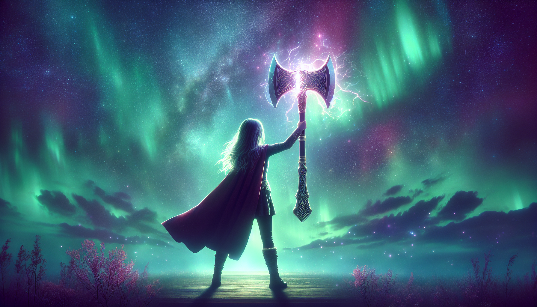 "Angela standing triumphantly with glowing axe under Asgard’s aurora borealis")
