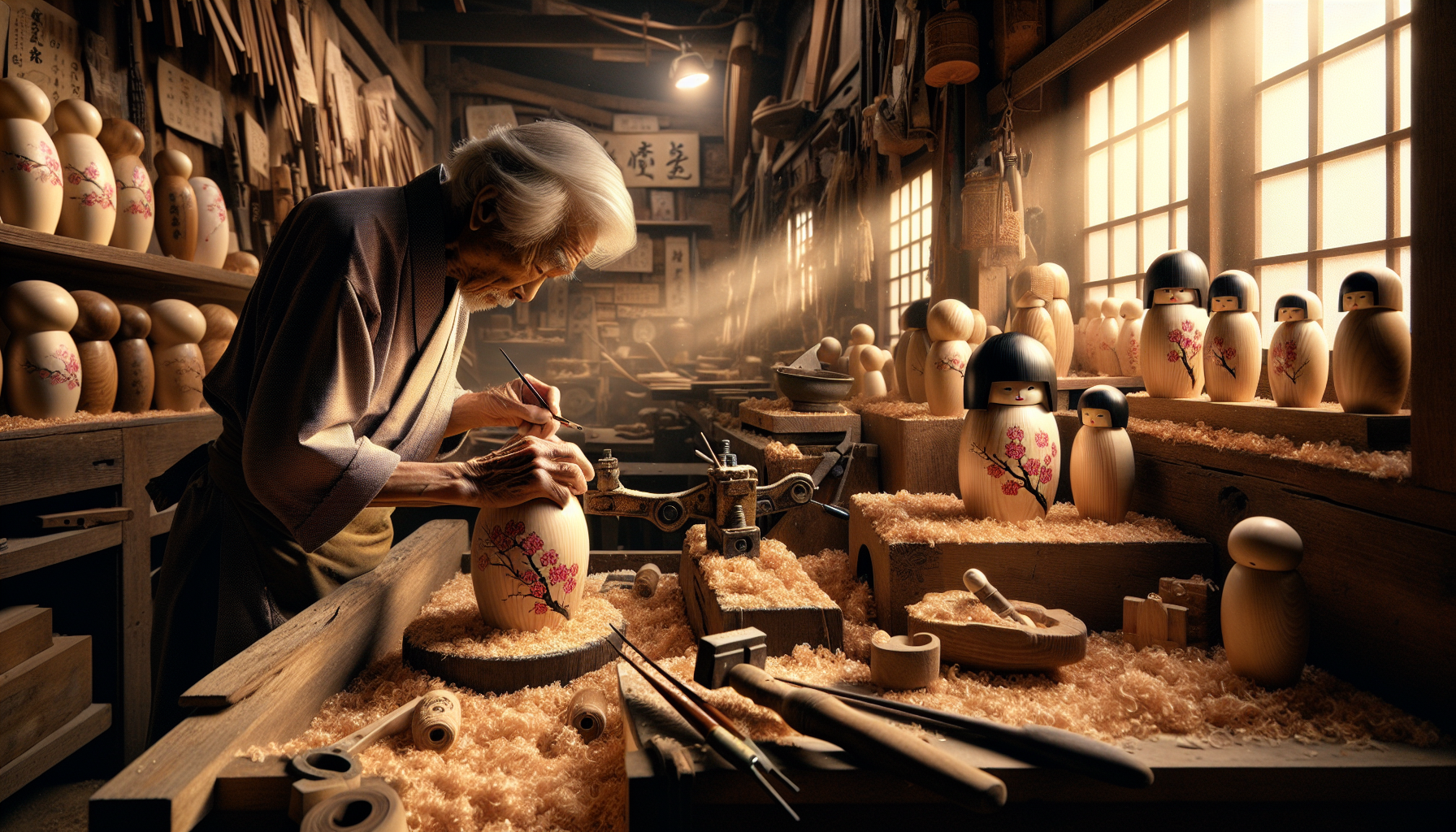 Hyper-detailed Japanese woodworking scene, master craftsman hand-painting traditional Kokeshi doll, sunlit workshop with wood shavings, intimate atmospheric lighting, delicate brush strokes on simple rounded form, cherry blossom motifs, weathered tools, authentic cultural details, 8K resolution