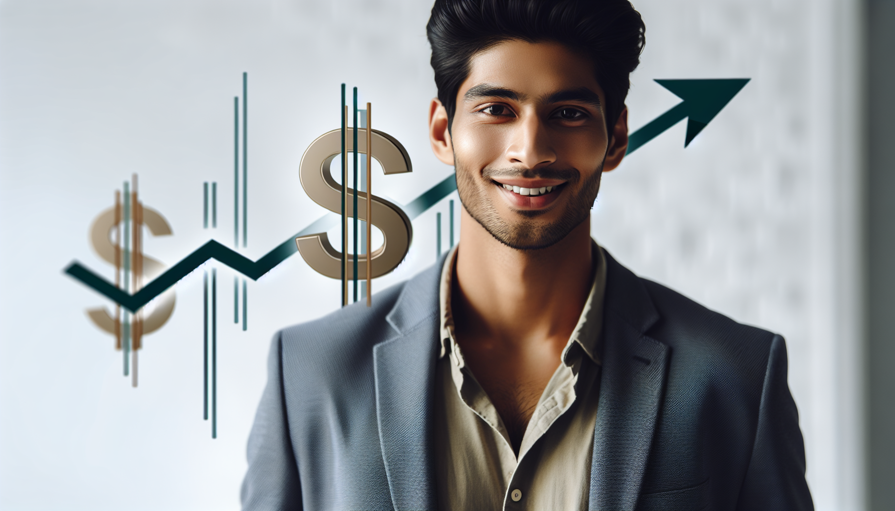 professional-looking individual (gender-neutral or specific gender) smiling warmly, dressed in smart casual attire with a blazer. They are positioned against a clean white or neutral background with subtle financial symbols like a faint dollar sign or upward graph in gold or green accents. The design is clean, minimalistic, and visually appealing as a small thumbnail.