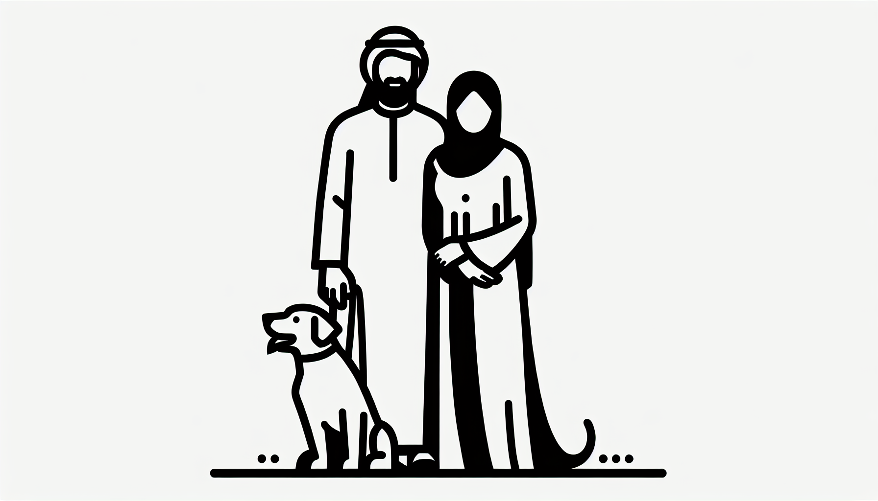 husband, wife and one dog on the right side; flat design; line art; black and white; no background; simple; high contrastM; vector logo style 