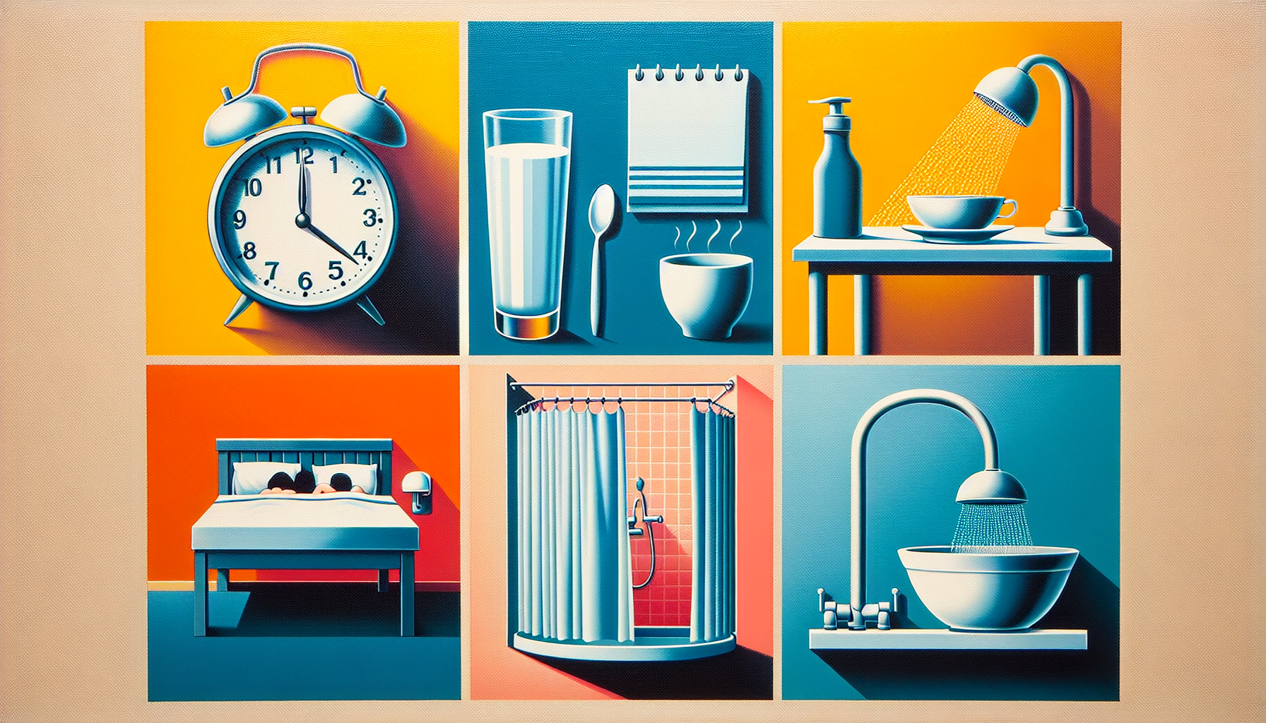 . Illustration pour la Conclusion
Prompt : "Une composition artistique montrant différents moments de la journée dans un style minimaliste : un réveil, une table de repas, une personne au lit, une douche, et un verre d’eau au centre. Les couleurs sont vives et attrayantes, reflétant la santé et le bien-être."