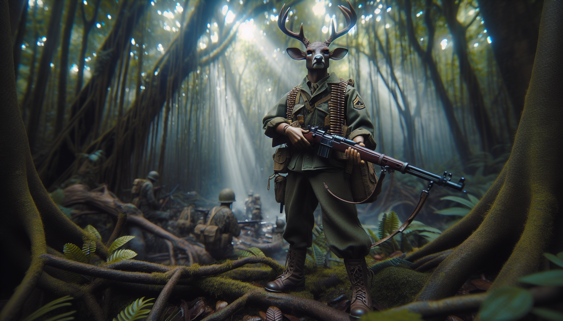 Un soldado estadounidense de la Segunda Guerra Mundial se encuentra en medio de una densa selva japonesa. El ambiente es húmedo y oscuro, con rayos de luz filtrándose a través de las altas copas de los árboles. El suelo está cubierto de maleza, raíces retorcidas y hojas caídas. El soldado lleva el uniforme clásico de la época: un traje de camuflaje verde y marrón, botas pesadas y un casco M1 con una red de camuflaje. Sin embargo, en lugar de una cabeza humana, tiene la cabeza de un venado majestuoso, con astas grandes y ramificadas que se mezclan con el entorno selvático.

El soldado sostiene firmemente un rifle M1 Garand, con la bayoneta calada, listo para el combate. Su postura es tensa, como si estuviera escuchando atentamente los sonidos de la selva, alerta ante cualquier amenaza. En su rostro de venado, los ojos reflejan determinación y un toque de melancolía, como si estuviera atrapado entre dos mundos: el humano y el animal.

Al fondo, se vislumbran sombras de otros soldados y la espesura de la selva, con árboles altos y enredaderas que crean una atmósfera opresiva. La escena está iluminada por un tenue resplandor verdoso, dando un aire surrealista y casi onírico a la imagen.