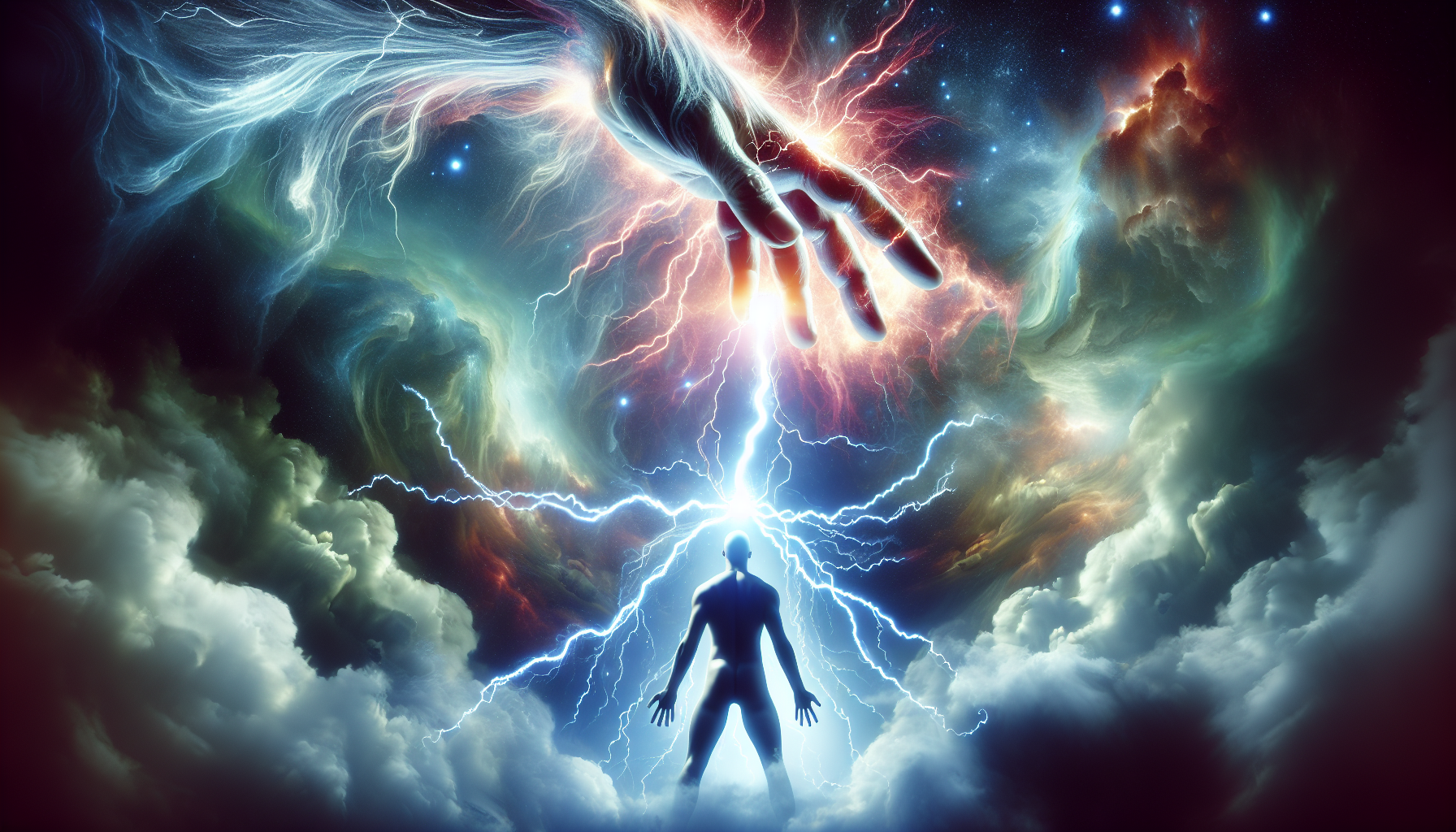 "A hand emerging from the sky, electrifying a being below with powerful energy. The scene is dramatic and surreal, with glowing lightning bolts arcing from the hand to the figure beneath. The being appears to be absorbing or reacting to the energy, illuminated by the electric currents. The background features stormy clouds and ethereal light, creating an intense atmosphere of power, mystery, and transformation.
