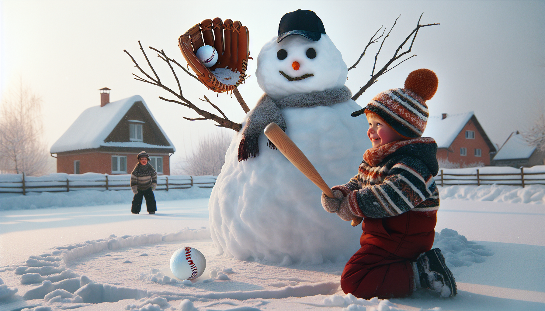 snowman playing baseball with a kid