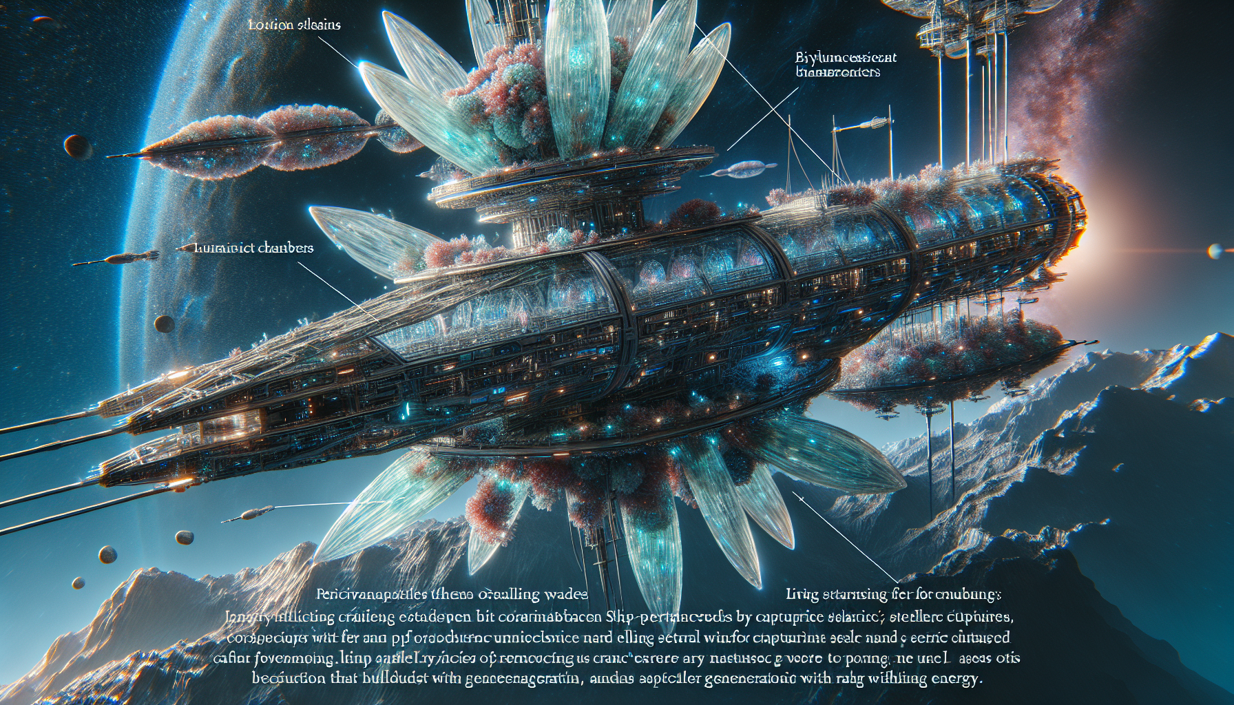 Crystalline-organic starship with translucent membrane sails that capture stellar winds, bioluminescent propulsion chambers, living coral-like hull structures that regenerate and pulse with energy, extreme detail, volumetric lighting, cosmic background, hyperrealistic rendering, octane render