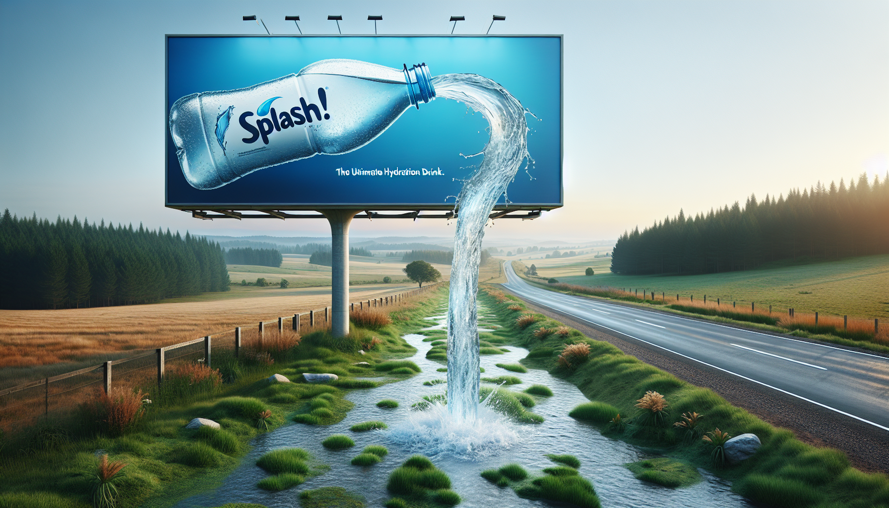 A massive roadside billboard for "SPLASH! The Ultimate Hydration Drink" stands tall against the open countryside, its colors vibrant against the muted tones of the surrounding fields and distant pines. The ad is simple: an oversized bottle tilted mid-pour, frozen in a dynamic arc as crystal-blue liquid spills from its mouth.

But something is wrong.

The water isn’t just printed on the billboard—it’s pouring out in a constant, endless stream, tumbling over the metal edge and splashing onto the ground below. The dry roadside soil drinks deeply, and before long, the water carves a shimmering creek through the grass, snaking its way into the landscape as if it has always been there.

The liquid is unnaturally clear, reflecting the sky with an almost artificial brilliance, tiny ice cubes bobbing along its surface—too perfect, too uniform, like something out of a commercial. A faint scent of lemon-mint freshness lingers in the air, as if the water itself is infused with the promise of manufactured purity.