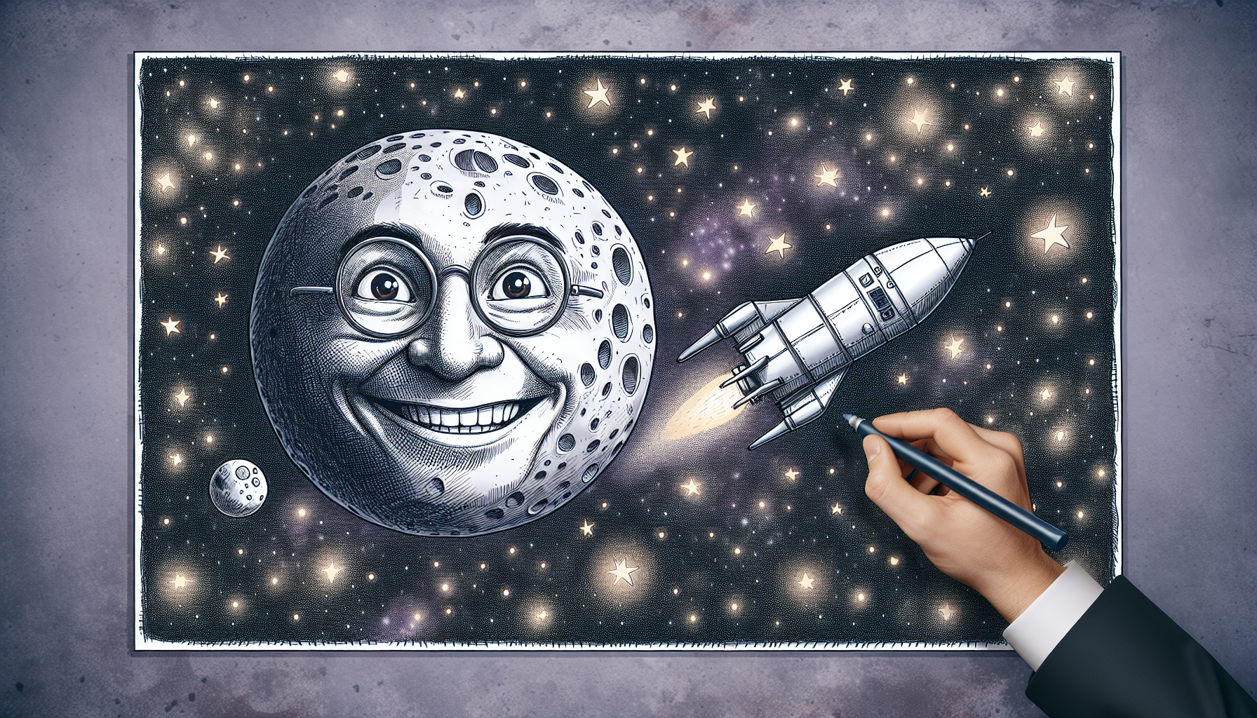 a rocket in space, with the face of ilon mask flying past the moon.