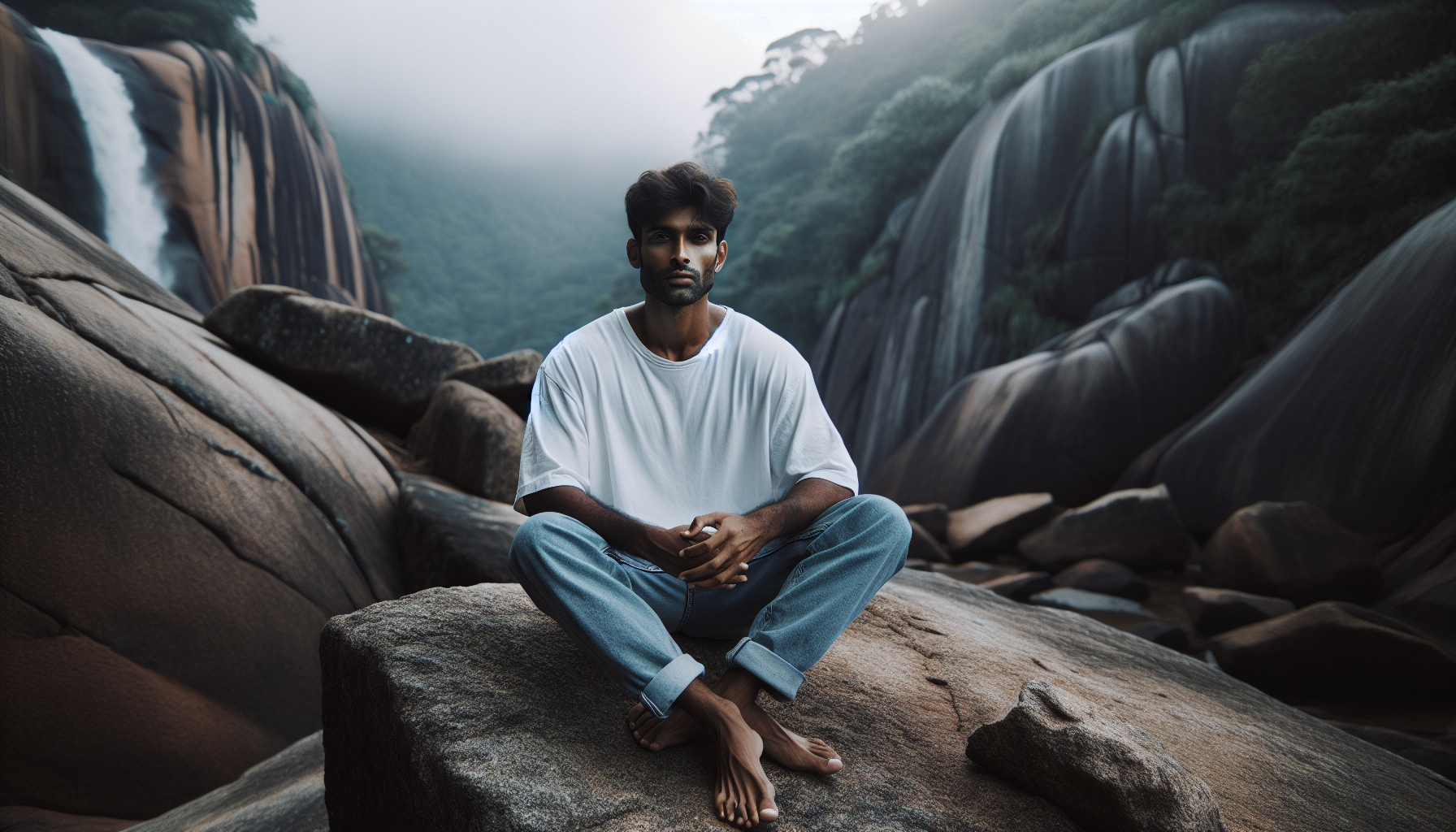 A man sitting on a rock on the edge of a cliff. Wearing a simple white oversized t Shirt and blue jeans. 