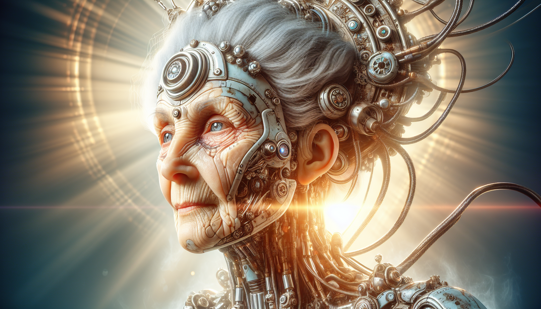 an old woman, Astropunk, Cyborg, Robotic, Aged, Sunlight, High quality, Ultra detail, Octane Render, Full HD, masterpiece
