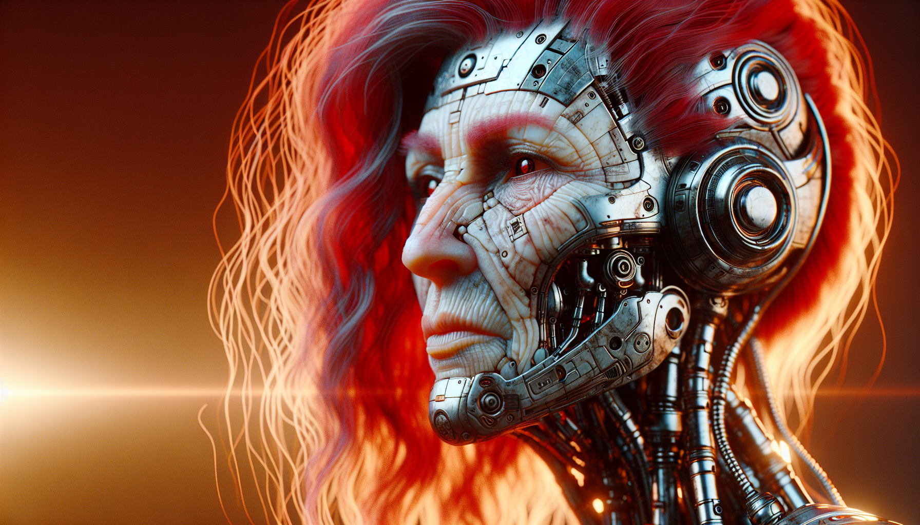 an very old woman, Astropunk, Cyborg, Robotic, Aged, red hair, Sunlight, High quality, Ultra detail, Octane Render, Full HD, masterpiece