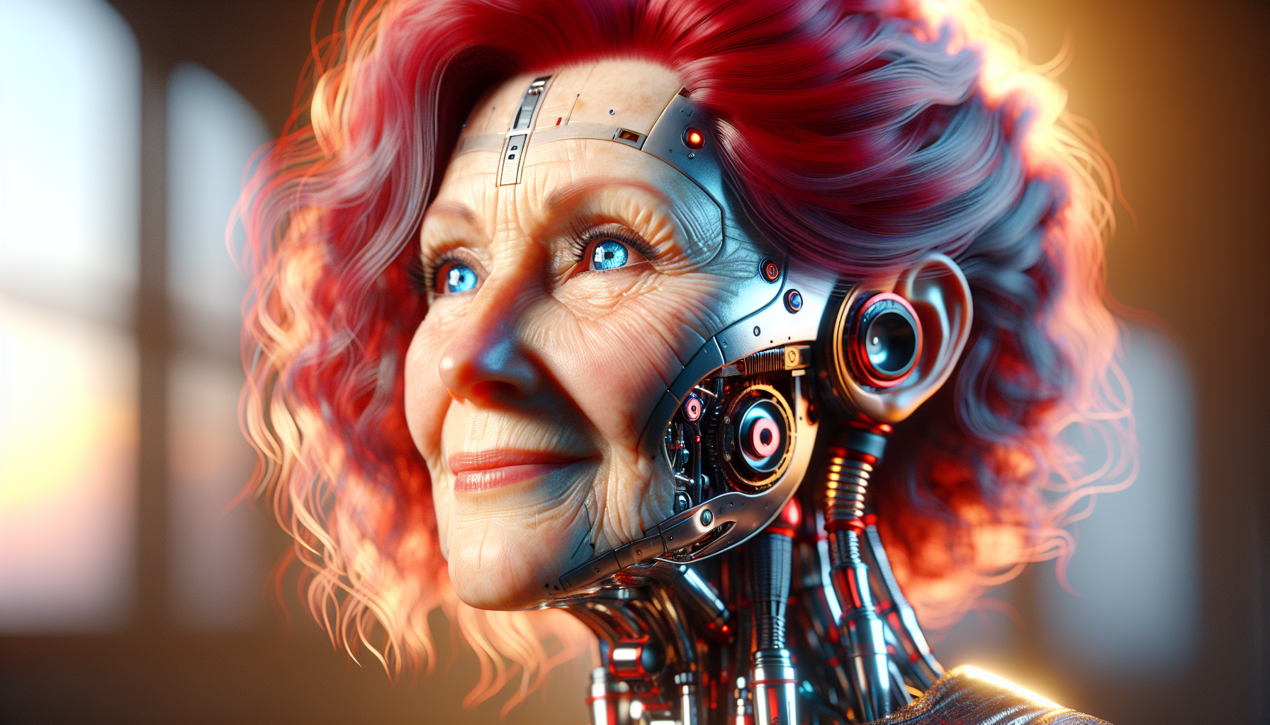 an very old woman, who smiles, Astropunk, Cyborg, Robotic, Aged, red hair, blue eyes, Sunlight, High quality, Ultra detail, Octane Render, Full HD, masterpiece