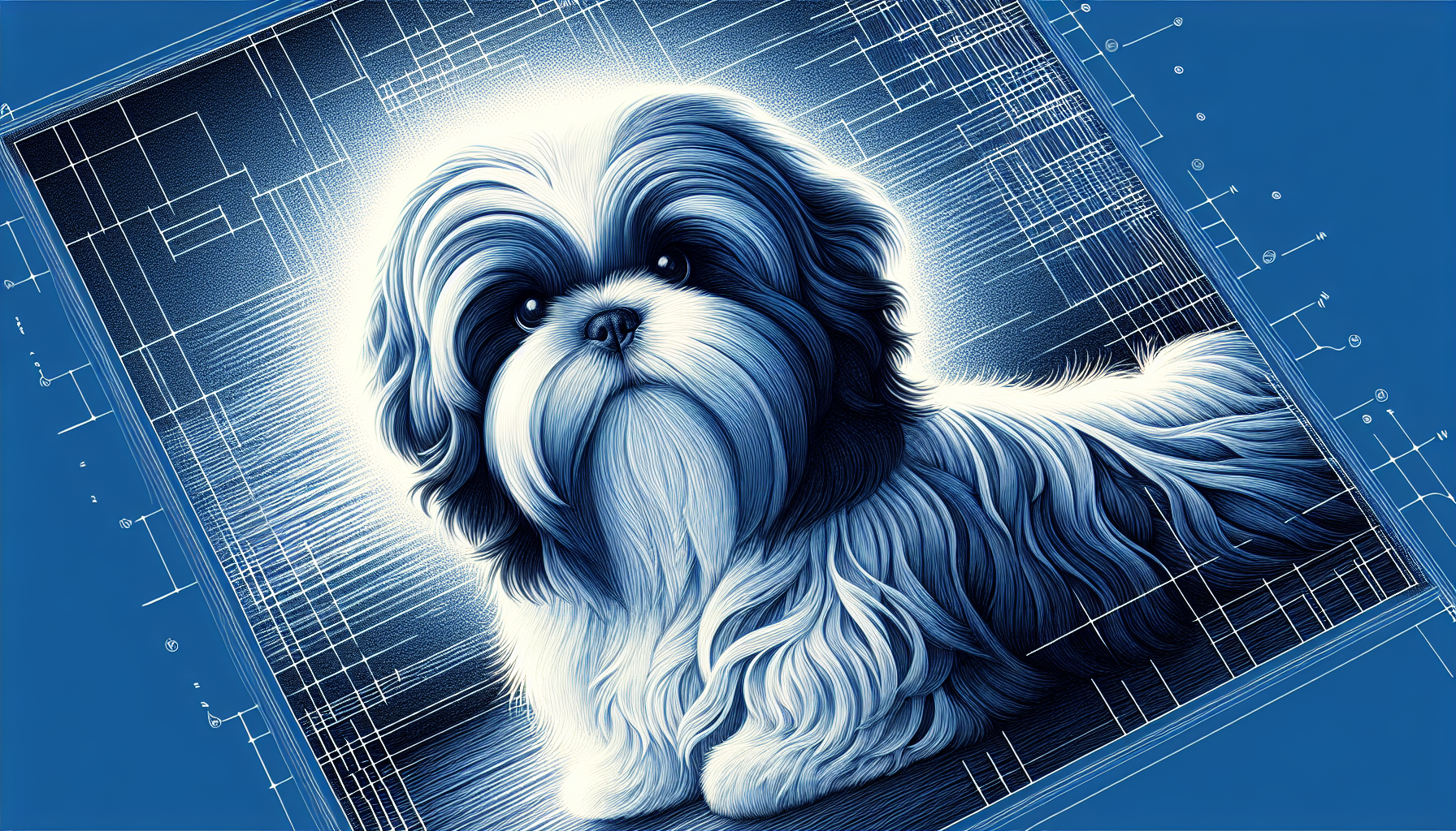an shih tzu, Glowing, Super detailed, Octane Render, Blueprint drawing, Ballpoint pen drawing, Hyper detailed, masterpiece