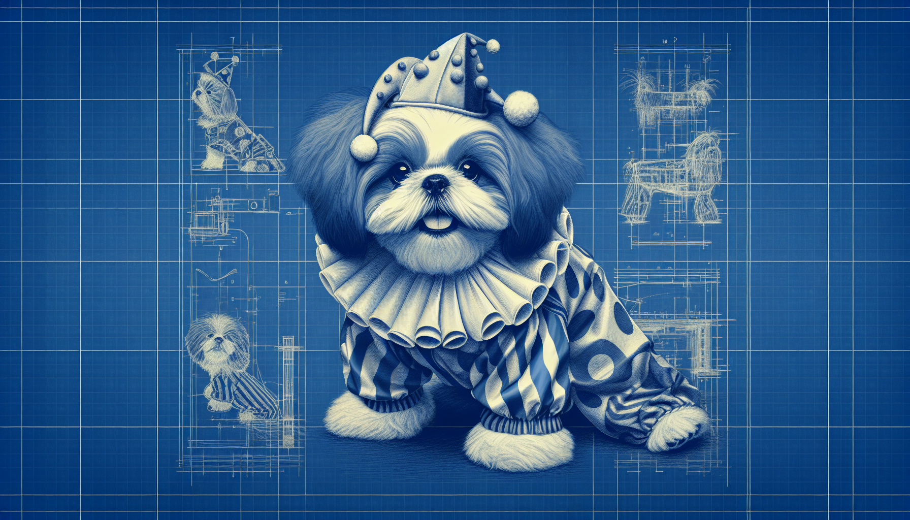 an shih tzu, Clown, Blueprint drawing, Hyper detailed, masterpiece