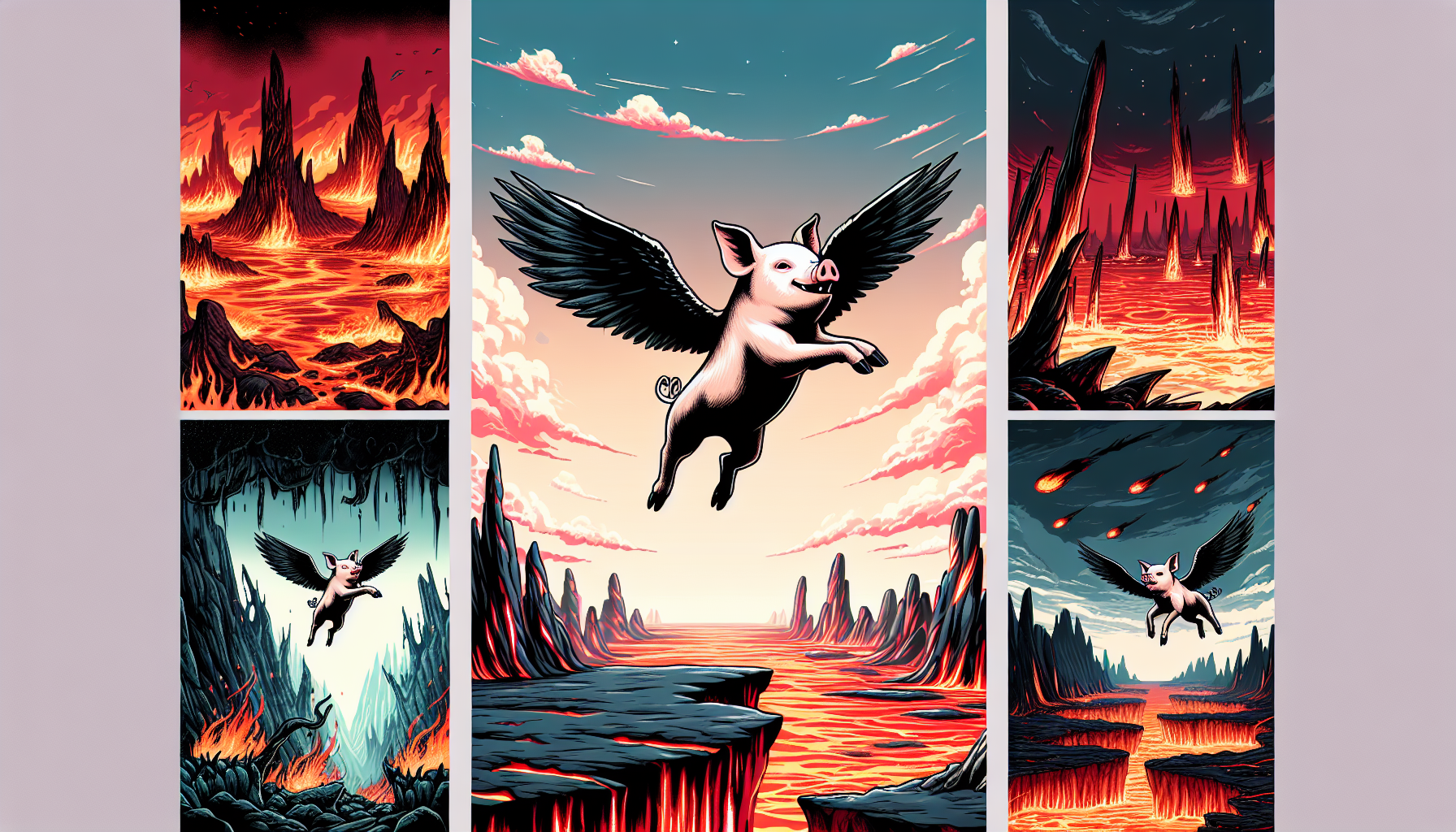 a pig with black wings is flying in the hell