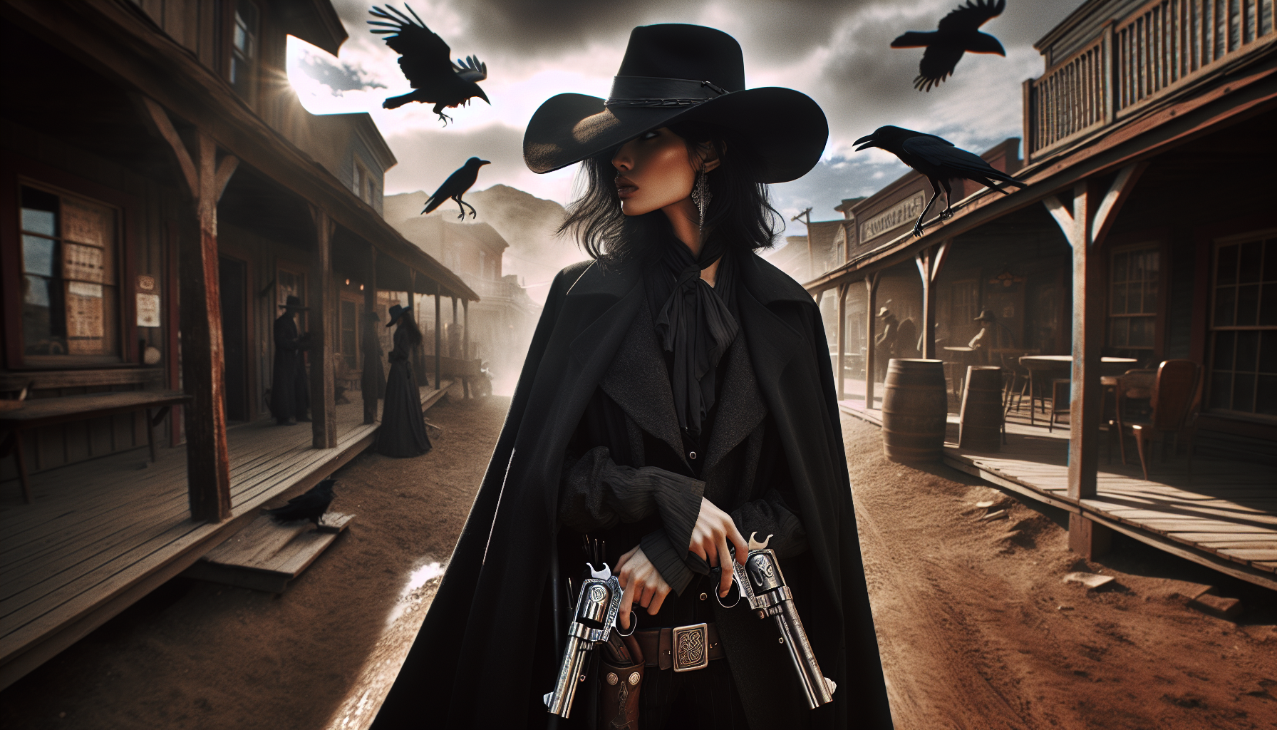 A mysterious gunslinger rides into a lawless frontier town, her long black duster trailing behind her like the wings of a great bird. A wide-brimmed hat, its band adorned with jet-black crow feathers, casts a shadow over her piercing, otherworldly eyes. Her face, weathered yet eerily timeless, holds a knowing smirk as she surveys the dust-choked streets, where wary outlaws and desperate souls pause mid-drink, sensing an unseen force in her presence.

At her hips, a pair of ancient silver revolvers gleam in the afternoon sun, their barrels engraved with Celtic runes that seem to shift when no one is looking. The air is thick with the scent of gunpowder and prophecy, and the townsfolk whisper that she’s not just another bounty hunter—she’s a harbinger of violence, a dealer of fate. Wherever she rides, blood is spilled, and history is written in bullets and bone.

Above her, a murder of crows gathers on the wooden beams of the saloon, their black eyes gleaming like obsidian. One lets out a sharp cry as she steps onto the creaking floorboards of the dusty street, her boots kicking up small clouds of red dirt. Somewhere, a nervous hand twitches toward a holster. A mistake. She tilts her head, an amused glint in her eyes, as if she already knows how this duel will end.

In the distance, thunder rumbles, though the sky remains clear. A storm is coming—but it’s not of wind and rain.