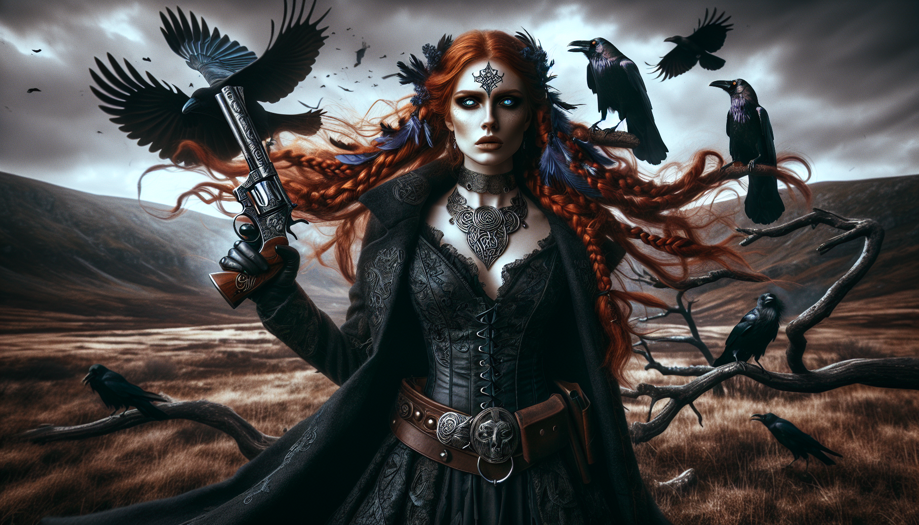A formidable, divine figure stands tall in the middle of a desolate Wild West town, her eyes glowing with an ethereal intensity as she aims her obsidian and silver revolver straight at the viewer, the barrel a mere breath away from releasing fate itself. Braided red hair, interwoven with raven feathers, billows behind her like a battle standard, the wind picking up as if to herald her arrival.

Her long black duster, embroidered with ancient Celtic knotwork, shifts in the breeze, revealing the faint gleam of her silver torque, a symbol of divine power, that rests at her throat. The energy from her glowing ogham-scripted rifle slung over her shoulder hums through the air, a constant reminder that she is more than just a gunslinger—she is the embodiment of war, fate, and death.

The crows above her are no mere birds—their eyes burn with a fiery amber hue as they circle, their wings flapping in ominous harmony with the tension in the air. The ground beneath her feet seems to darken, as if the very earth senses her power.

Her revolver, named Fate, is aimed with calm precision, her finger resting lightly on the trigger. The air crackles with an unspoken prophecy, a sense that whatever she decides to do will reshape the lives of those who stand in her path.

No one escapes her gaze.

She is Morrígan, the Phantom of the Plains, the War Goddess in Black, and her aim is true. In this moment, the very world holds its breath. Fate will be written in a single shot.