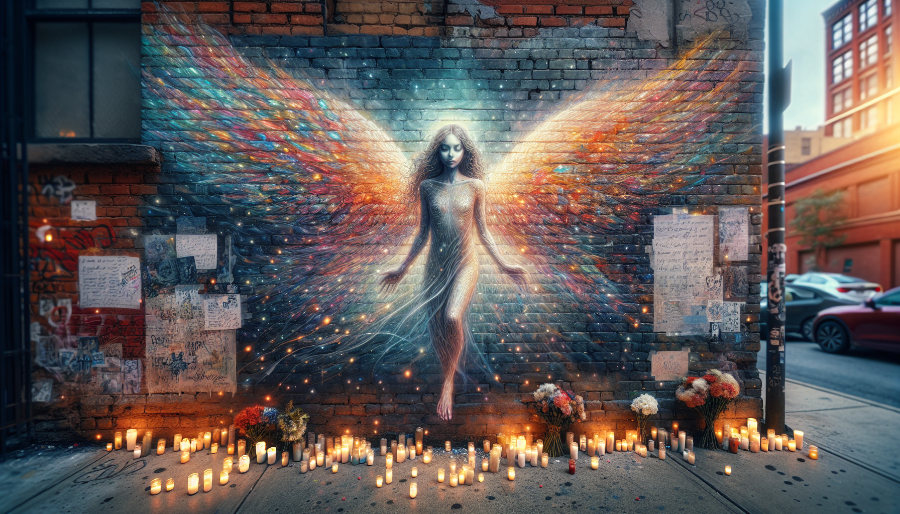 A breathtaking street mural tribute is painted across an old brick wall—a vivid, lovingly detailed portrait of a person who has passed. The mural is surrounded by flickering candles, scattered flowers, and handwritten messages pressed into the cracks of the wall. But something incredible is happening.

From the very surface of the mural, an ethereal figure begins to emerge—breaking free from the paint, peeling away like a spirit stepping beyond the boundary of art and reality. The angelic form retains the features of the person in the painting, but now their expression is serene, their eyes glowing softly as they take their first steps into the world beyond the wall. Their form is partially translucent, shimmering with streaks of color still tethered to the paint, as if brushstrokes have come alive.

Behind them, their angelic wings are forming—not solid, but made of mist-like tendrils of light and color, unraveling from the painted wings still left behind on the mural. Their feet barely touch the ground, trailing wisps of pigment that dissolve into the night air.

The alley is dimly lit, illuminated by the warm flicker of candlelight and the neon reflections of a distant city. A single observer, perhaps a child or a grieving loved one, stands in awe, watching the impossible unfold—the moment where art refuses to stay still, and the soul of the painting takes flight.