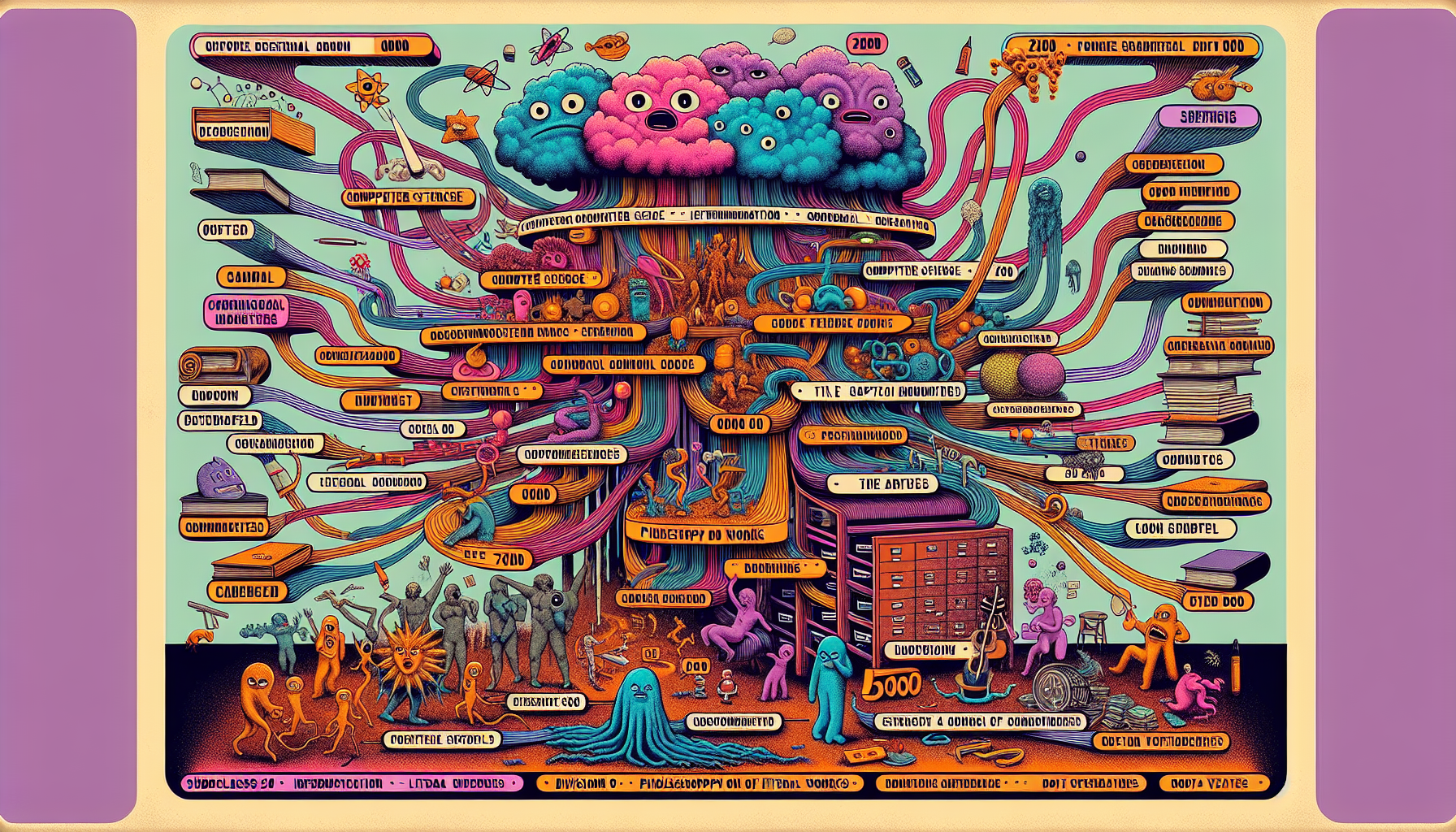 Prompt: "A surreal, nonsensical poster explaining the Dewey Decimal System. Imagine a vibrant, chaotic collage of images and text, where logic and order are playfully subverted.  The poster should have a vintage, slightly distressed look, like it's been hanging in a library for decades.

Visual Elements:

Dewey Numbers as Characters: The Dewey Decimal numbers themselves should be personified – perhaps as quirky, cartoonish characters or abstract, symbolic representations. Imagine 000 as a confused-looking cloud, 500 as a group of mischievous atoms, or 900 as a wise old globe.
Categorization Chaos: The ten main Dewey categories should be visually represented in a whimsical, illogical way. Perhaps 000 (Computer science, information, and general works) is depicted as a giant, overflowing filing cabinet with tentacles, or 700 (The arts) is a chaotic explosion of musical notes, paintbrushes, and dancing sculptures.
Connecting Lines & Arrows: Use a network of colorful, tangled lines and arrows to connect the Dewey numbers to their corresponding categories, but the connections should be more whimsical than logical. Perhaps a line connecting 200 (Religion) to a flying spaghetti monster, or a line connecting 800 (Literature) to a giant, talking book.
Nonsensical Text: Include snippets of text that sound like they're explaining the Dewey Decimal System, but are actually complete gibberish. For example: "Subclass 42.7b: The Transmutation of Literary Squirrels," or "Division 9: Existential Gardening and the Philosophy of Root Vegetables."
Hidden Details: Include small, hidden details that reward closer inspection. Perhaps a tiny librarian riding a unicycle, a book with a title like "The Care and Feeding of Sentient Card Catalogs," or a Dewey Decimal number tattooed on a cat.
Technical Details:

Style: A blend of vintage poster art, surrealism, and cartoonish illustration. Think of a cross between a 1950s educational filmstrip and a Terry Gilliam animation.
Color Palette: Use a bright, slightly faded color palette with lots of contrasting hues.
Texture: Give the poster a slightly distressed, aged look with subtle textures and imperfections.
Aspect Ratio: A standard poster size, perhaps 24x36 inches (or a digital equivalent).
Overall Mood:  Playful, whimsical, and slightly absurd. The poster should be visually engaging and make the viewer smile, even if they have no idea what's going on.  The goal is to capture the feeling of the Dewey Decimal System – its vastness, its complexity, and its sometimes baffling logic – in a lighthearted and nonsensical way."