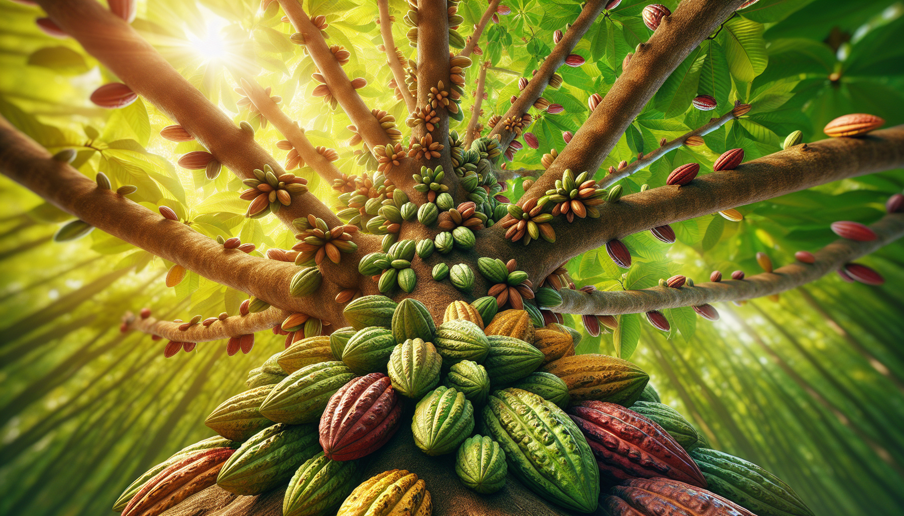 Using front-facing camera angles, green, sunny spring-like lighting, and creative composition, your task is to showcase a photorealistic and hiperdetailed lush cocoa tree, revealing the tree trunk and its cocoa-filled crown.