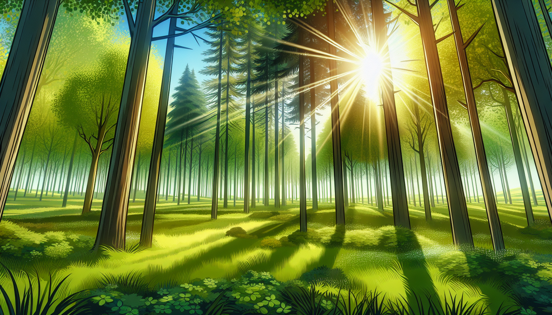 Using front-facing camera angles, green, sunny spring-like lighting, and creative composition, your task is to show a panoramic shot of a forest, filled with tall trees and sunlight filtering through the leaves, with the ground covered in green grass.