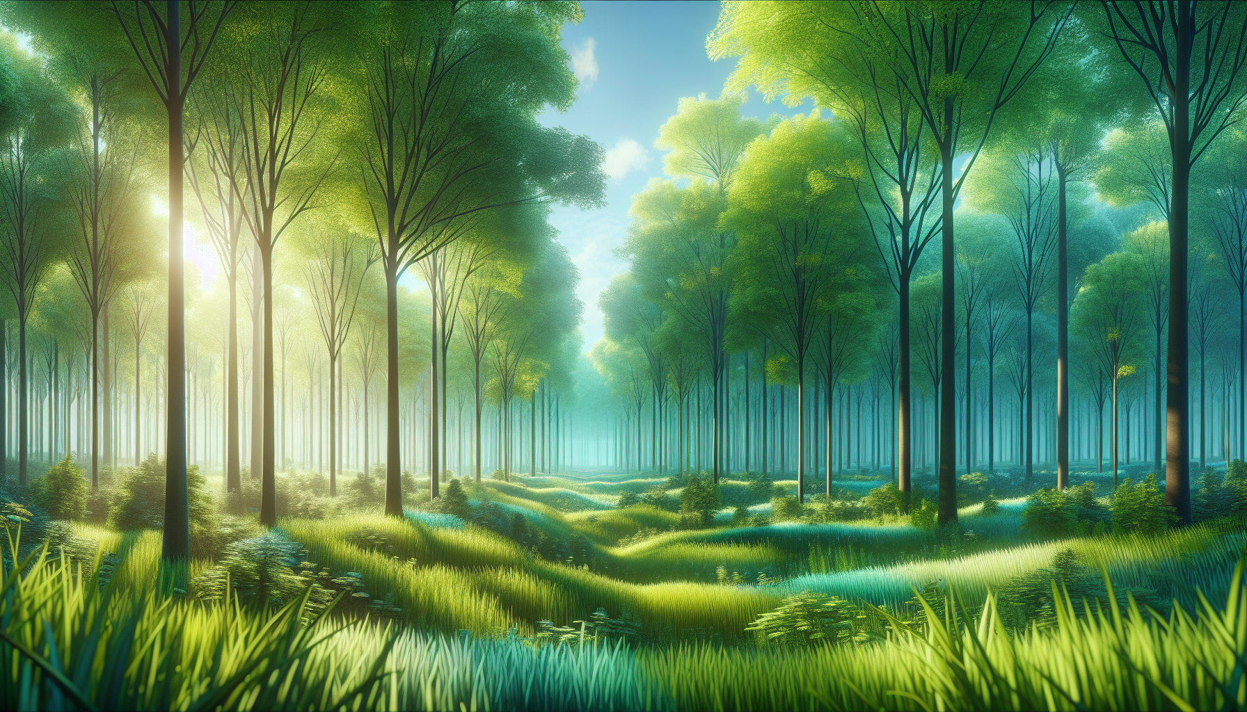 Using front-facing camera angles, green, sunny spring-like lighting, and creative composition, your task is to show a panoramic shot of a forest, filled with tall leafy trees, with sunlight filtering through the leaves, with the ground covered in green grass.