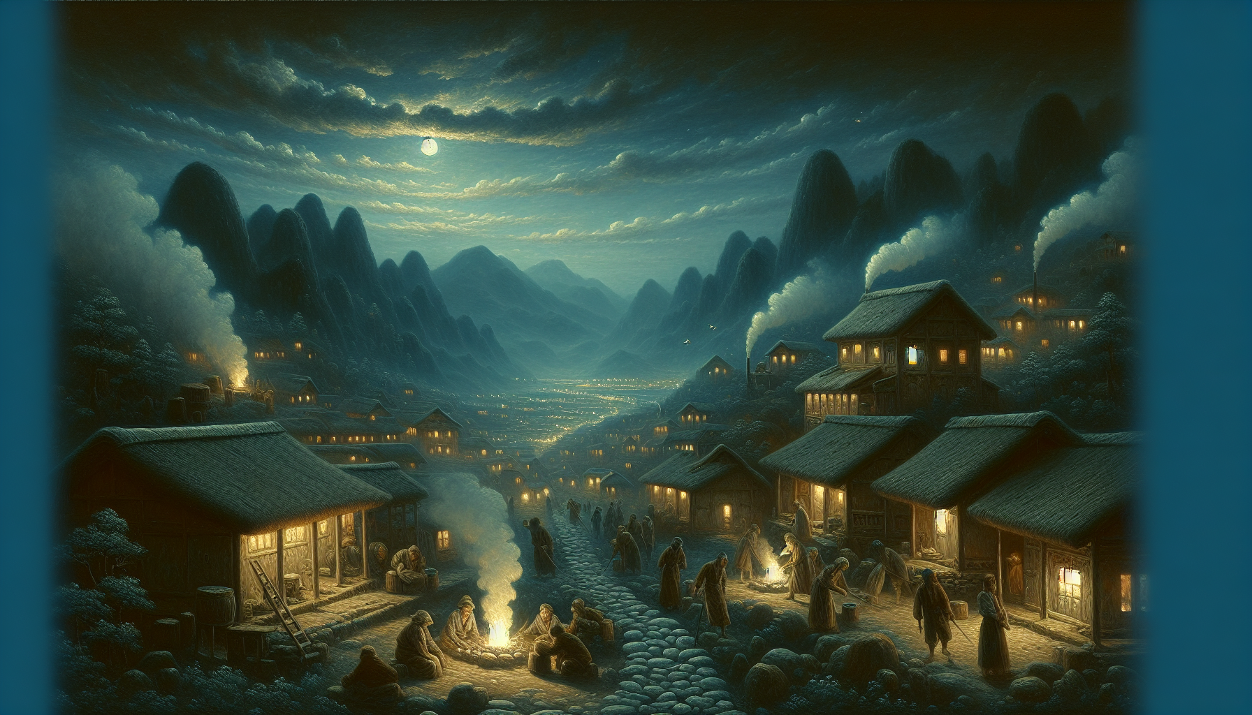 Through front-facing camera angles, nighttime lighting, and creative composition, your task is to show an ancient village nestled in the mountains, with smoke rising from the chimneys and the villagers going about their daily lives.
