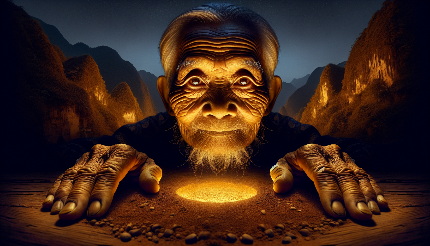 Through front-facing camera angles, night-time lighting, and creative composition, your task is to show an old Asian man with slanted eyes in an ancient village nestled in the mountains, with the palms of his two hands resting on the ground, while that same ground radiates a golden light beneath his hands.