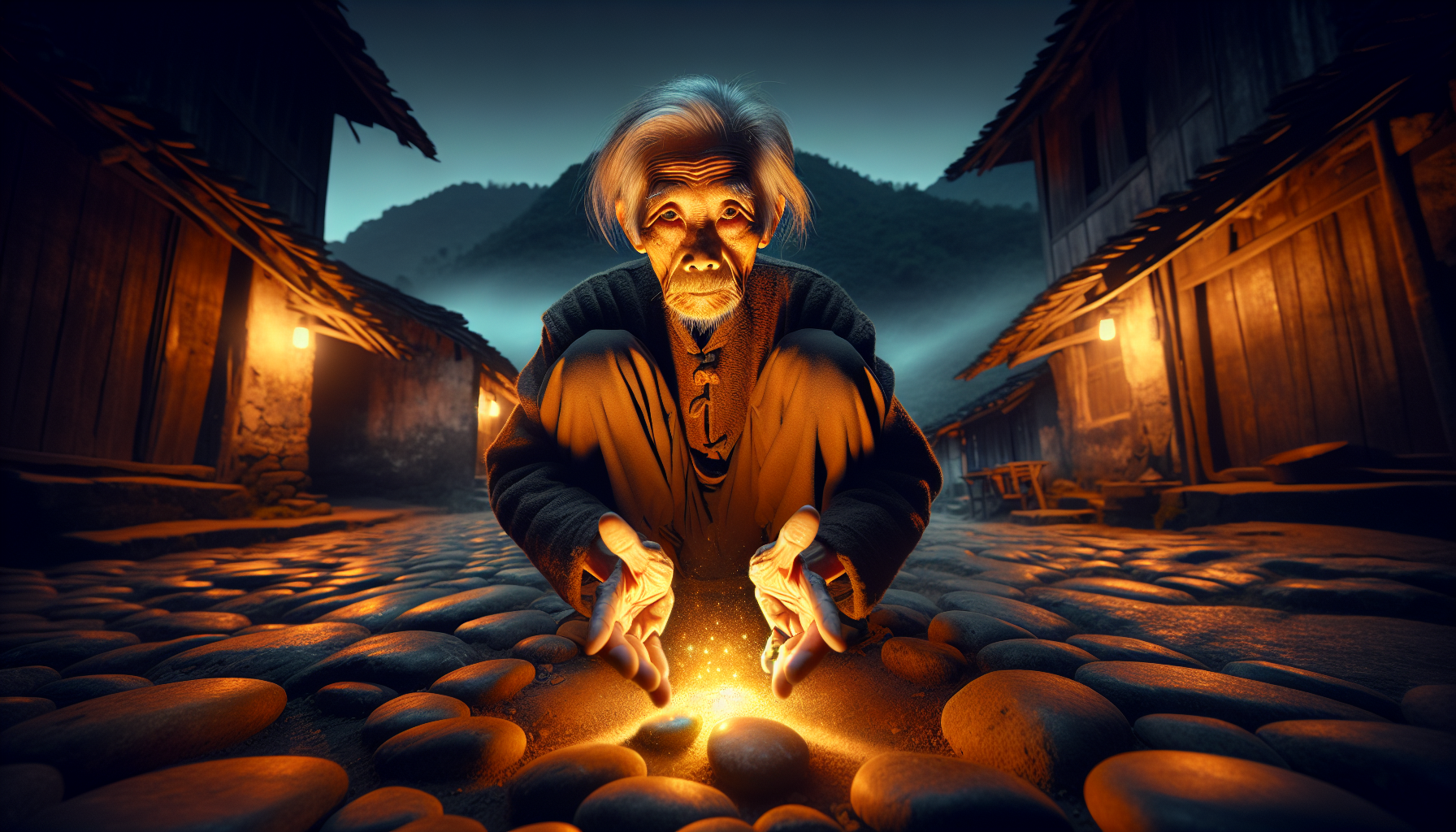 Through creative front-facing camera angles, night-time lighting, and composition, your task is to show an old Asian man with slanted eyes, crouching in an ancient village nestled in the mountains, with the palms of his two hands resting on the ground, while that same ground radiates a golden light beneath his hands.