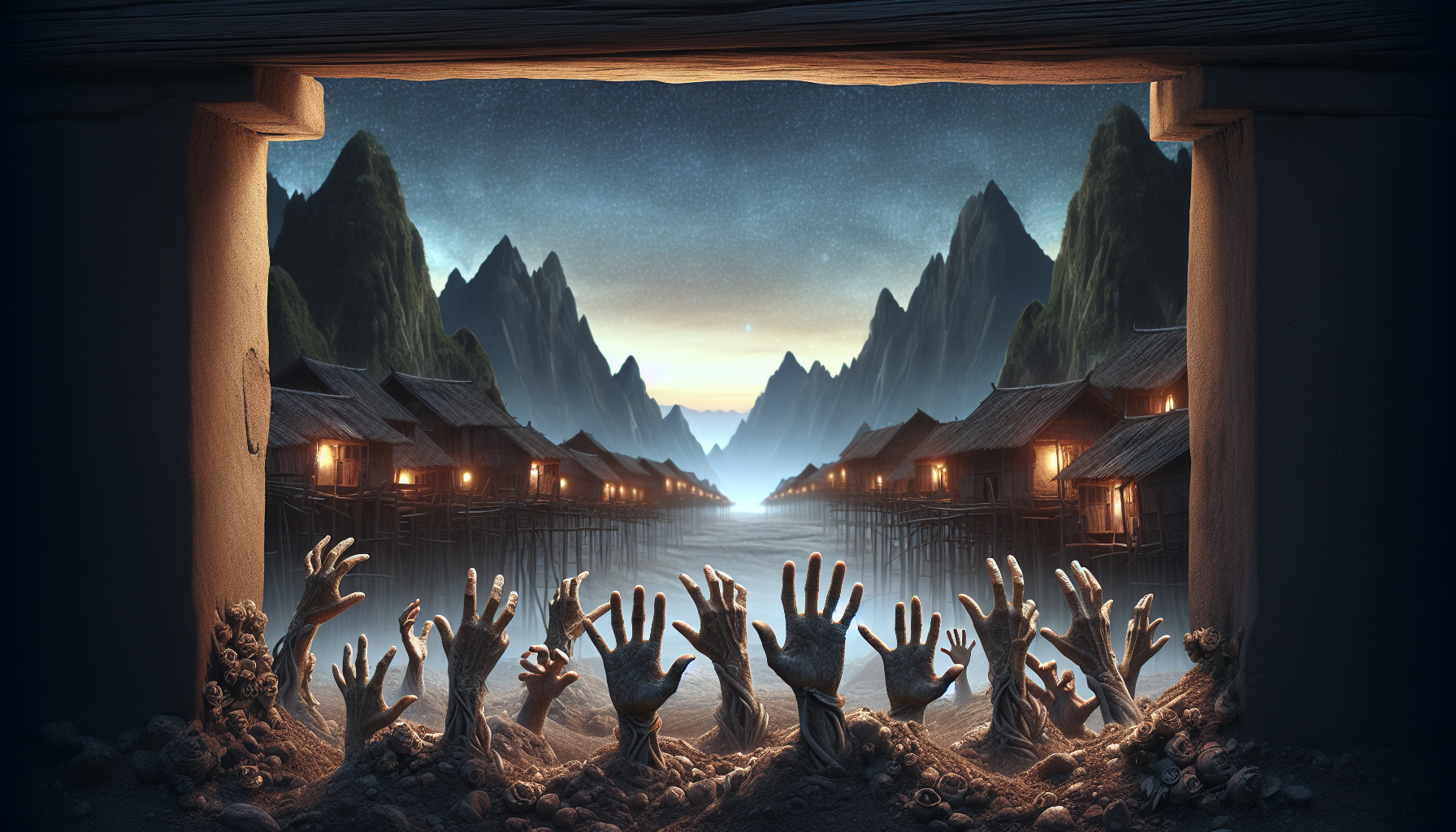 Through front camera angles, dark night-like lighting and creative composition, your task is to show, in an ancient village nestled in the mountains, many hands sticking out of the ground, as if trying to grab something.