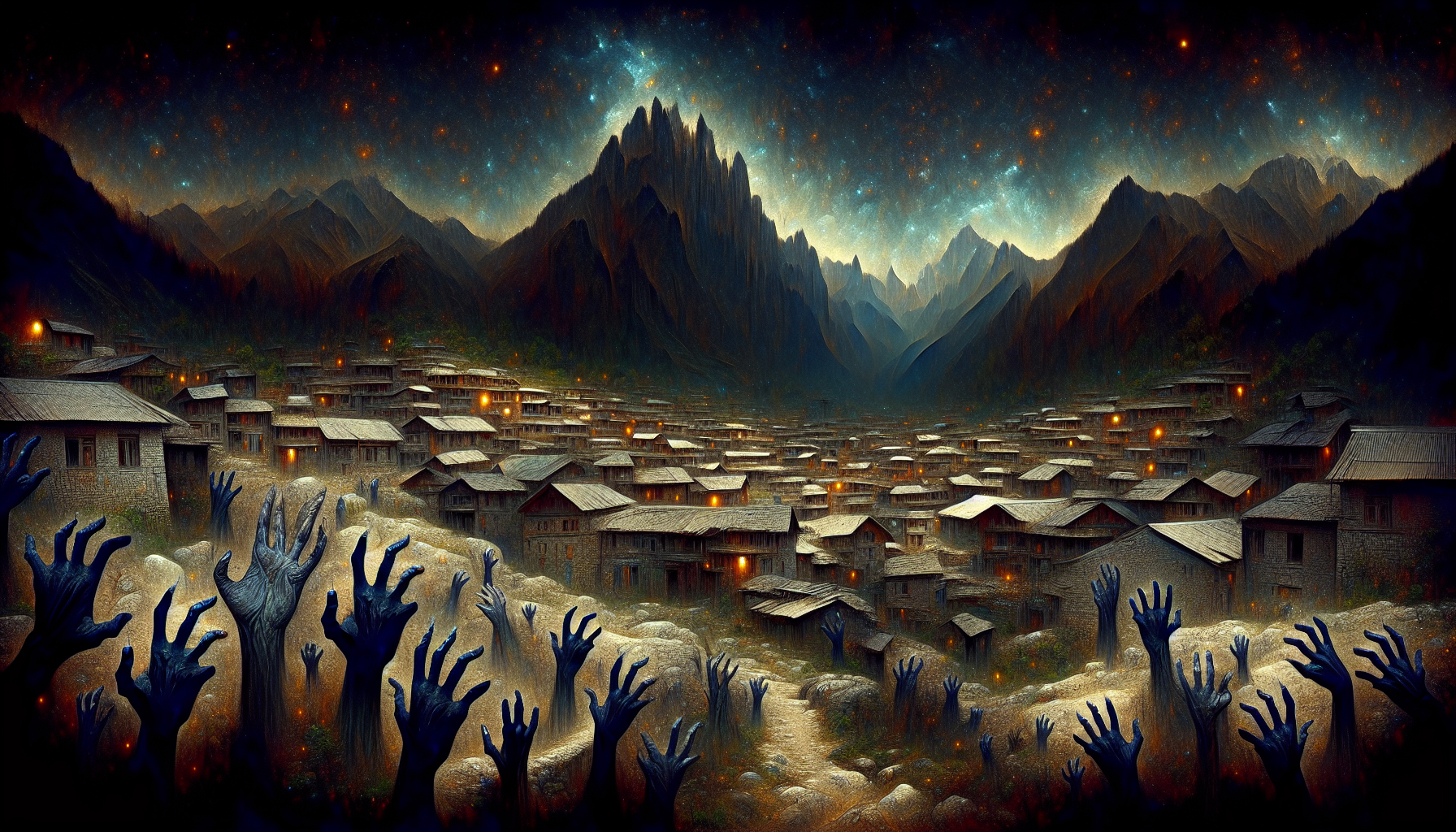 Through front camera angles, dark night-like lighting and creative composition, your task is to show an ancient village nestled in the mountains, with many hands sticking out of the ground in the middle of the village, as if trying to grab something.
