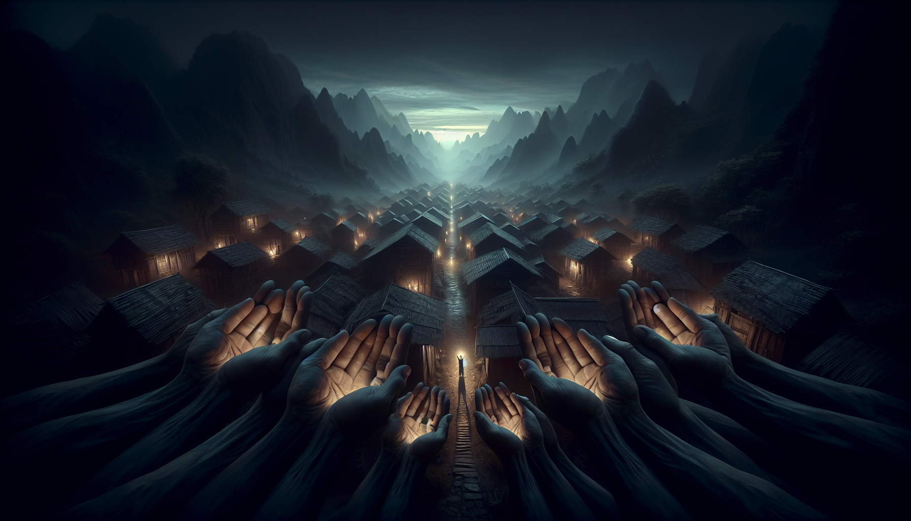 Through front camera angles, dark night-like lighting and creative composition, your task is to show, in an ancient village nestled in the mountains, many hands coming out of the ground in the middle of the village to embrace the earth in a gesture of love.