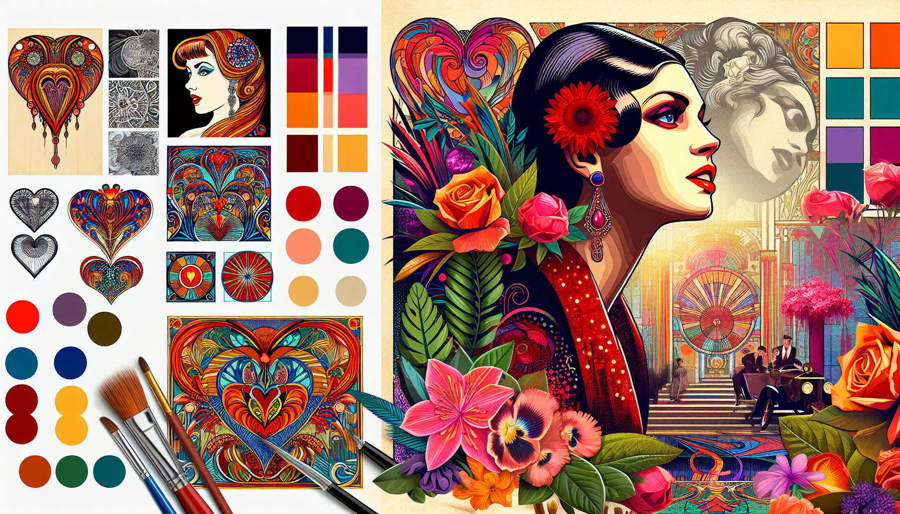 Vibrant, eye-catching illustration of a pin-up model, with a mix of classic and edgy elements, in the style of renowned pin-up artists like Gil Elvgren, Alberto Vargas, and Olivia De Berardinis, blending traditional and digital media, with bold lines, bright colors, and dramatic lighting, set against a festive Valentine's Day backdrop, incorporating hearts, flowers, and other symbols of love and desire, with a dynamic composition that showcases the model's confident and playful personality.