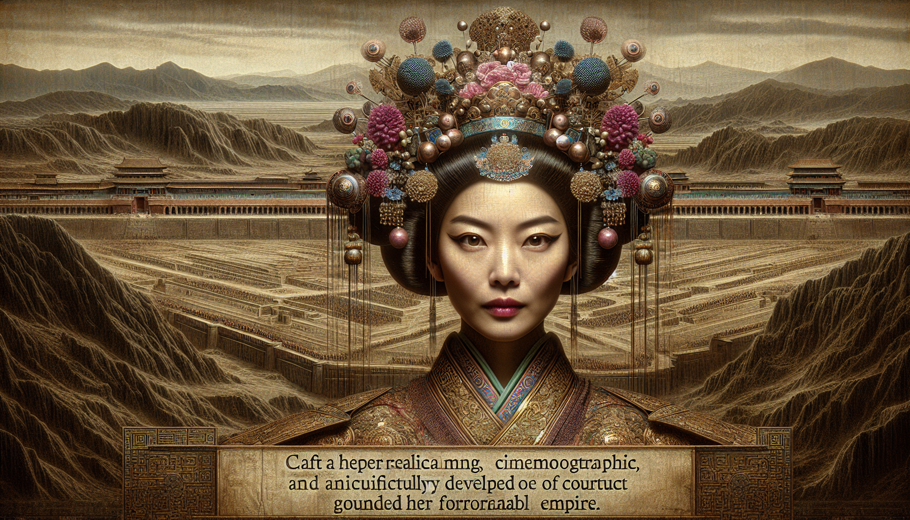 Craft a hyper-realistic, cinematographic and intricately detailed portrait capturing the essence of the chinese empress wu zetian 's legacy, focusing on her meticulously developed code of conduct that governed her formidable empire