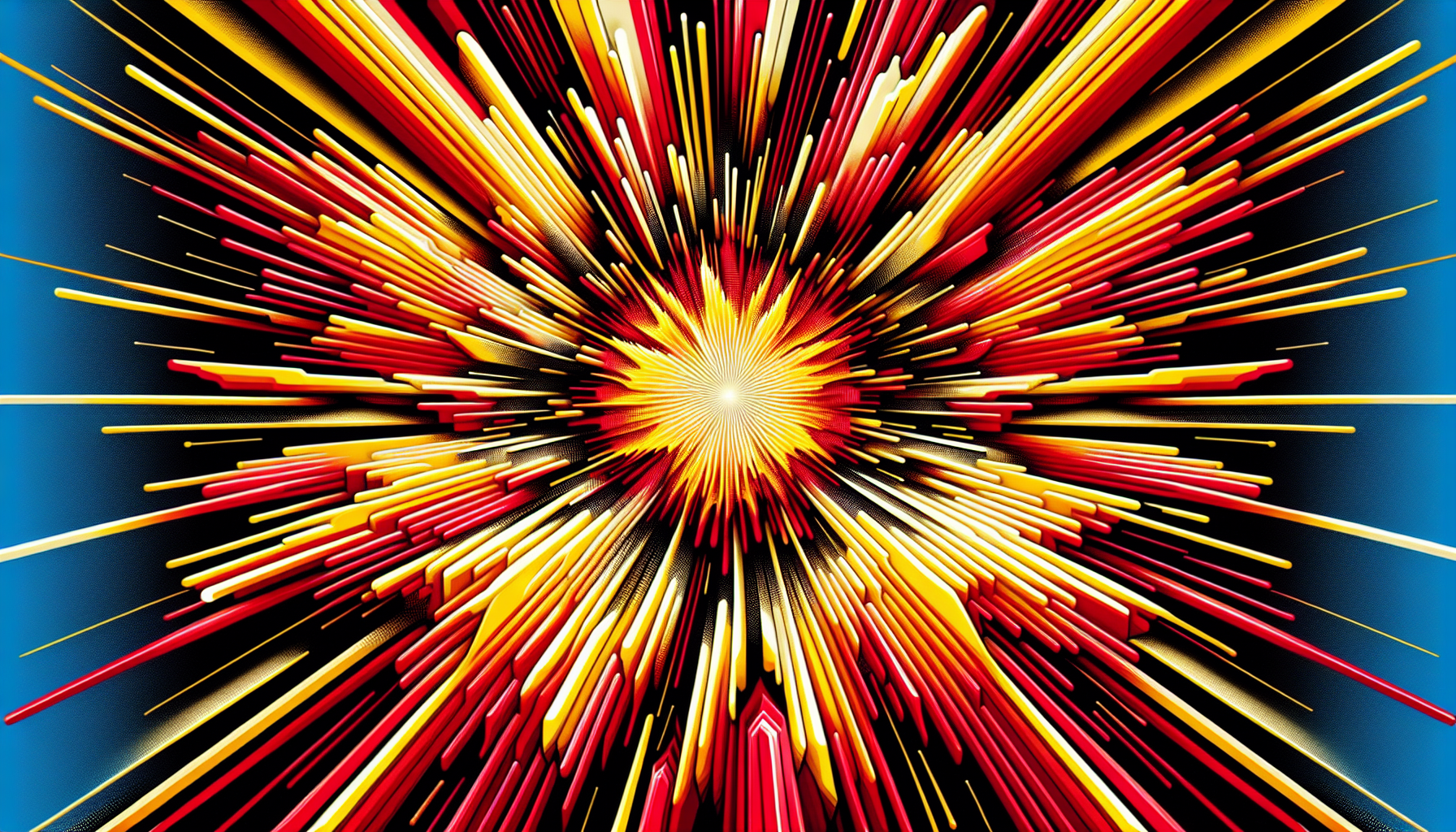 A mesmerizing OP ART composition in vivid red and electric yellow, featuring jagged, high-contrast lines that radiate outward from a magnificent glowing core at the center. The lines stretch, converge, and fracture, creating a hypnotic illusion of energy erupting from within—like a pulsating sun, a cosmic explosion, or an otherworldly portal. The sharp geometric precision of Vasarely’s style merges with the chaotic intensity of the radiating lines, making the central form appear both radiant and unreachable. The interplay of red and yellow warps perception, as if the very space around the core is bending and shifting, drawing the viewer deeper into its dazzling, mind-bending glow.

OP ART Victor Vasarely Bold color contrasts, optical illusions, geometric abstraction, dynamic visual motion, swirling patterns, perceptual manipulation, 3D effects, high contrast, visual energy, interactive viewer experience, rhythmic flow of shapes.  
