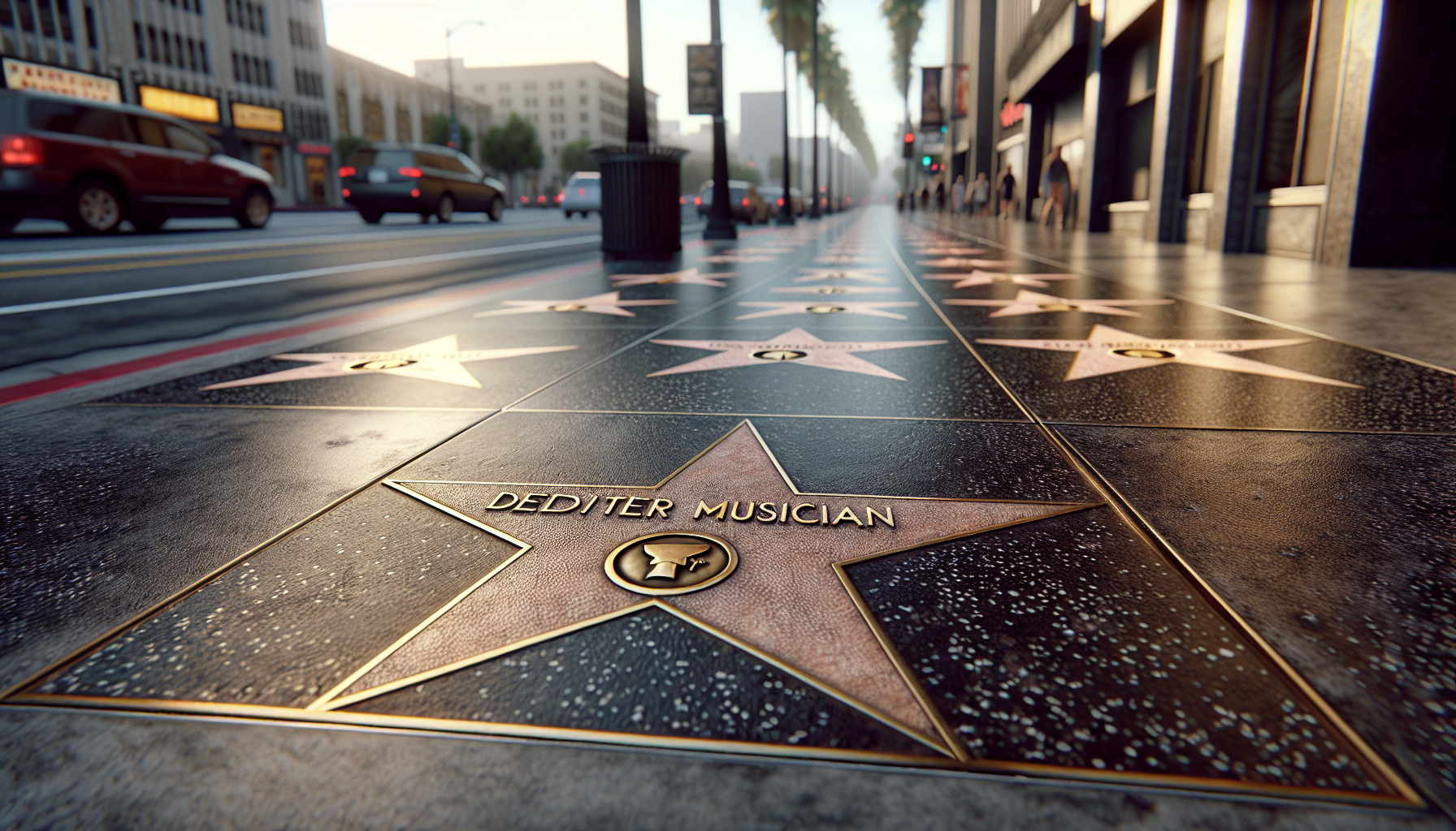 Photorealistic Hollywood Walk of Fame scene featuring a prominent star dedicated to 'SHAGGY 2 DOPE'. Brass and terrazzo star plaque positioned among other surrounding stars on the iconic concrete sidewalk. Wide-angle perspective showing multiple star plaques extending into the distance, creating depth and context. Urban street texture with subtle wear patterns, capturing the authentic look of Hollywood Boulevard. Crisp daylight lighting revealing intricate details of the brass lettering and surrounding stars. Pedestrian feet or shadows partially visible to provide scale. Cinematic depth of field emphasizing the Shaggy 2 Dope star while maintaining the broader street environment. Aspect ratio 16:9 to capture the expansive streetscape. Octane render with hyper-detailed texture mapping showcasing the classic Walk of Fame aesthetic.