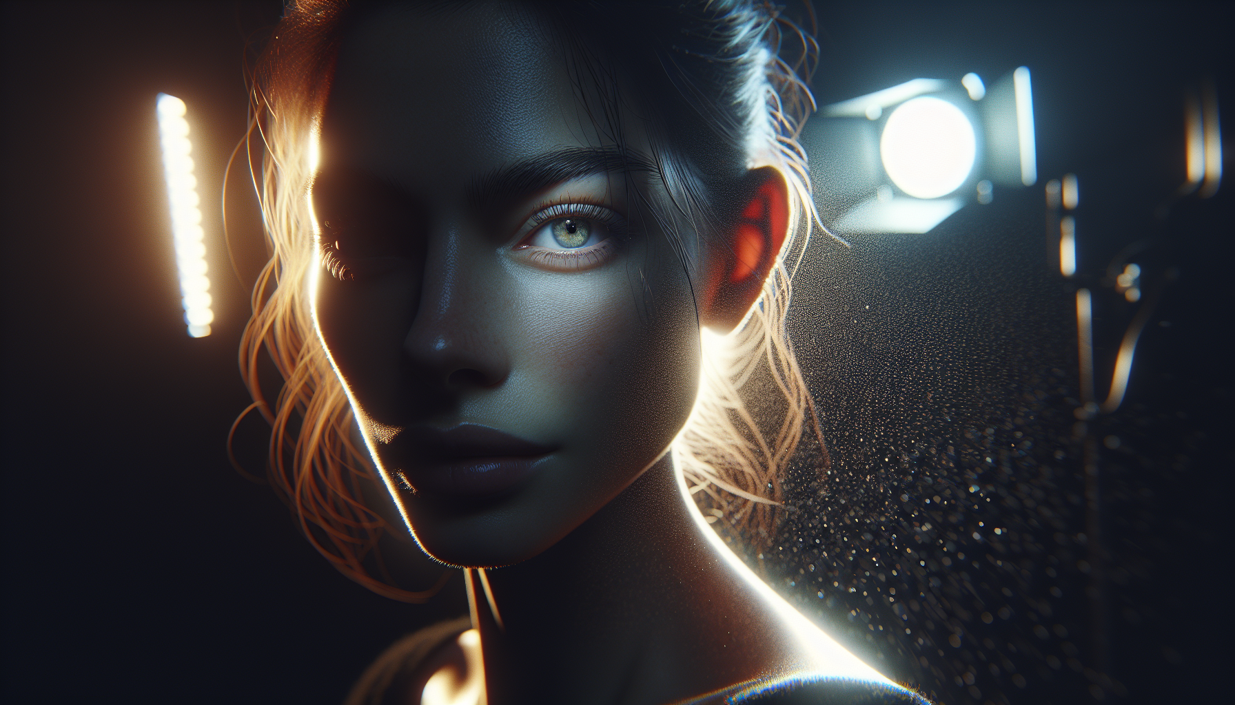 An artistic photography portrait of a woman emerging from darkness, photorealistic, hyperdetailed. Studio lighting creates precise rim lighting along her profile, with volumetric rays catching microscopic water particles in the air around her. Shot with a medium format camera, ultra-sharp focus on her eyes while maintaining subtle bokeh in the background. Cinematic color grading emphasizes deep teals and amber highlights. Technical details: octane render, 8k resolution, photorealistic skin texturing with subsurface scattering.