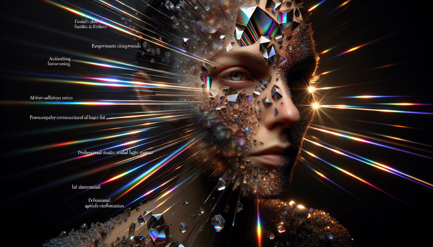 "Artistic photography portrait for experimental album cover, photorealistic, hyperdetailed. Main subject's face split across multiple dimensional planes through fragmented crystal prisms, each surface introducing precise chromatic aberration and light dispersion. Face maintains hyperrealistic skin texture with subsurface scattering while being divided by glass-like geometric forms. Technical details: octane render, 8k resolution.
Lighting: Complex volumetric lighting setup with multiple colored light sources creating intersecting beams through atmospheric haze. Rainbow-spectrum caustics cast precise patterns across skin. Professional studio flash arrays create stroboscopic effect frozen in time.
Materials and effects: Ferrofluid streams forming organic patterns across portions of face, captured with ultra-sharp macro detail. Advanced particle systems create floating crystalline dust catching light. Glass surfaces show perfect reflections and refractions with accurate IOR values.
Color grading: High-contrast cinematic look with split-toning emphasizing electric blues and bioluminescent greens in shadows, thermal orange highlights. Color separation pushed to create subtle RGB pixel displacement at edges.
Camera: Virtual medium format sensor with razor-sharp focus on eye detail transitioning to creamy bokeh where geometric forms dissolve into particle effects. Subtle film grain and chromatic aberration for photographic realism."