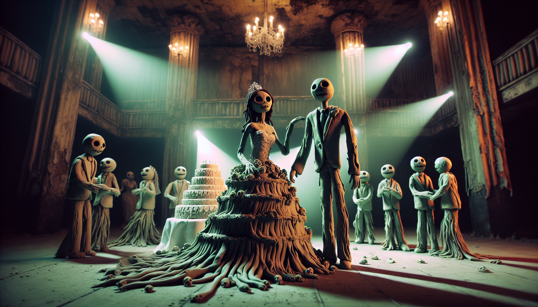 A dark claymation wedding scene where the bride and groom are melting figures with visible fingerprint textures in their clay skin. Their limbs stretch unnaturally as they dance in a decaying ballroom. Harsh spotlights cast multiple twisted shadows. Muted browns and sickly green color palette. Wedding cake decorated with tiny screaming faces. Stop-motion style with visible texture imperfections --ar 16:9