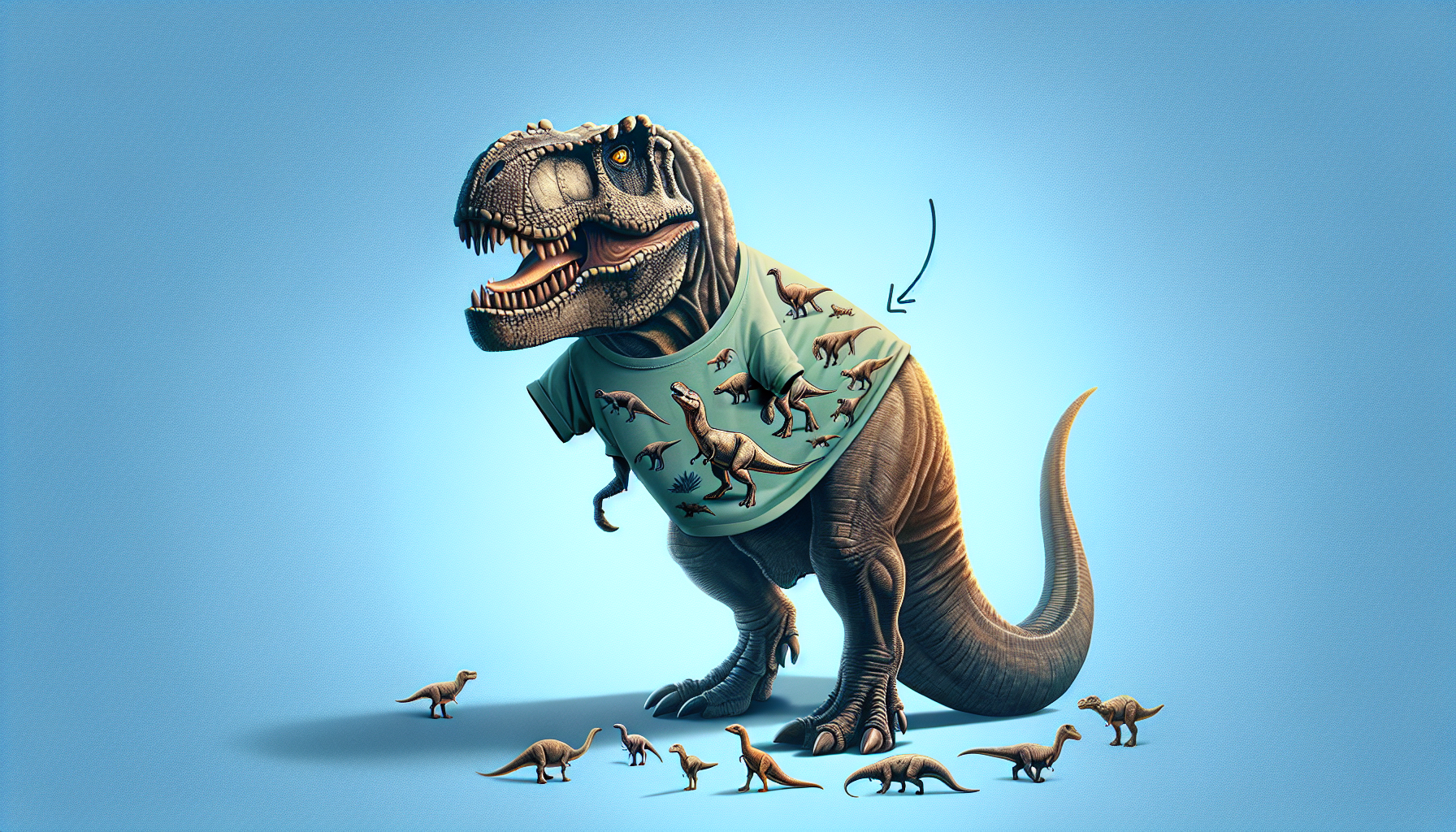 Tyrannosaurus  wearing  a t shirt with a dinosaur design