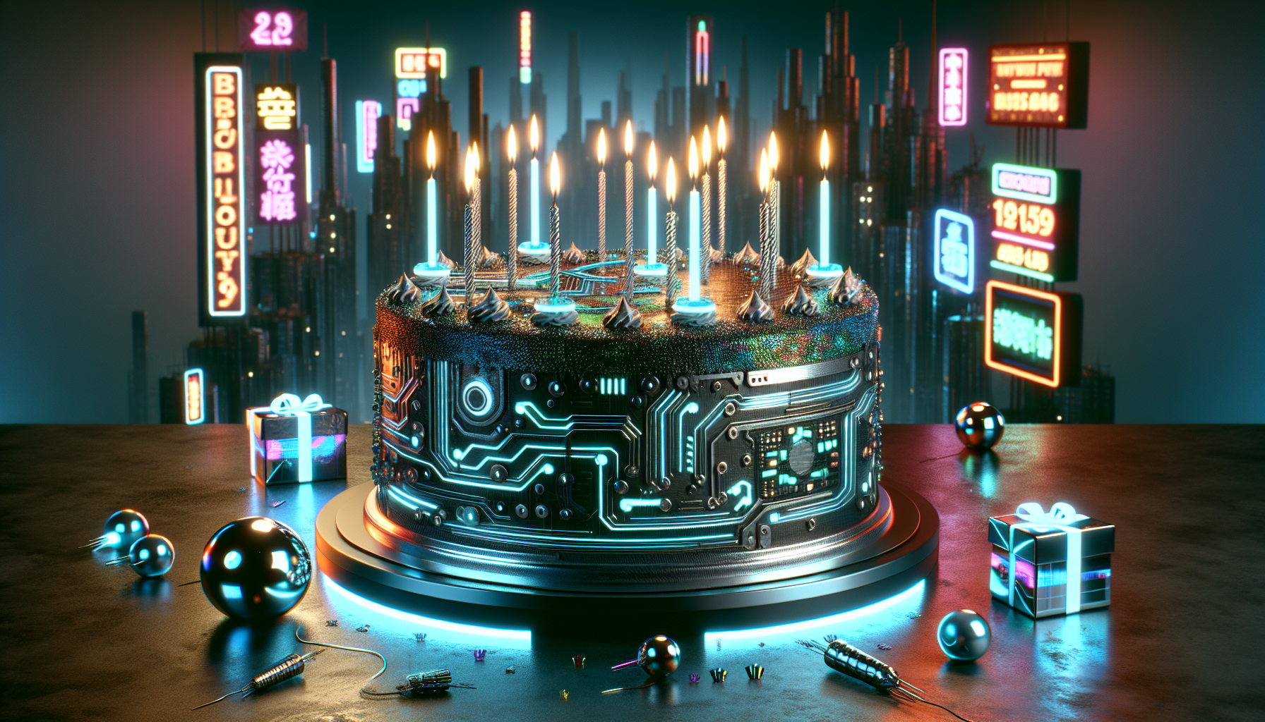 A futuristic cyberpunk-themed birthday cake with neon lights, metallic accents, and intricate circuit patterns. The cake is adorned with holographic decorations, glowing candles, and a sleek, high-tech design. The background features a dark, dystopian cityscape with towering skyscrapers and neon signs.